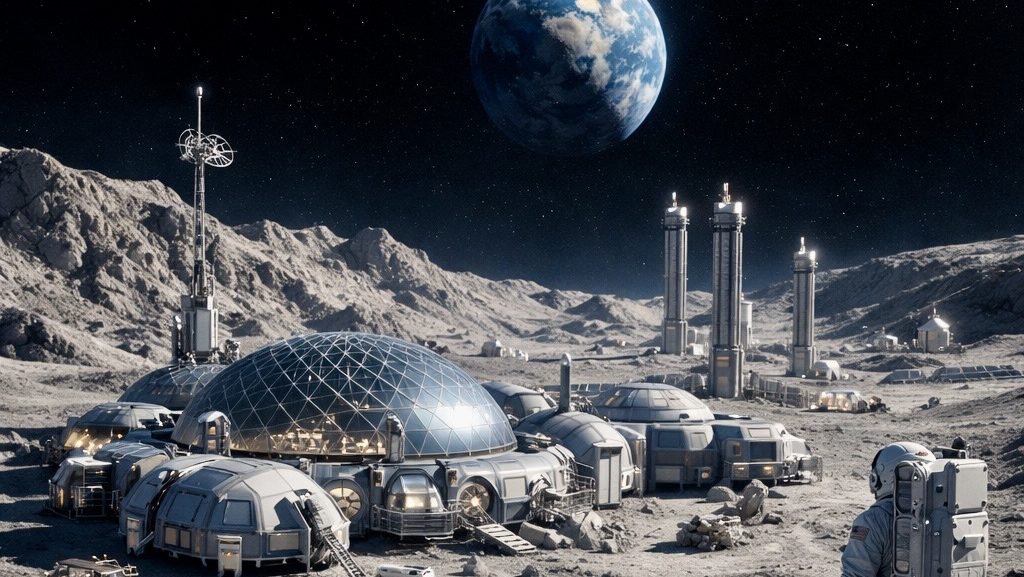 Futuristic concept illustration of a human lunar base featuring modular habitats, solar arrays, and autonomous exploration systems envisioned for future Moon missions.
