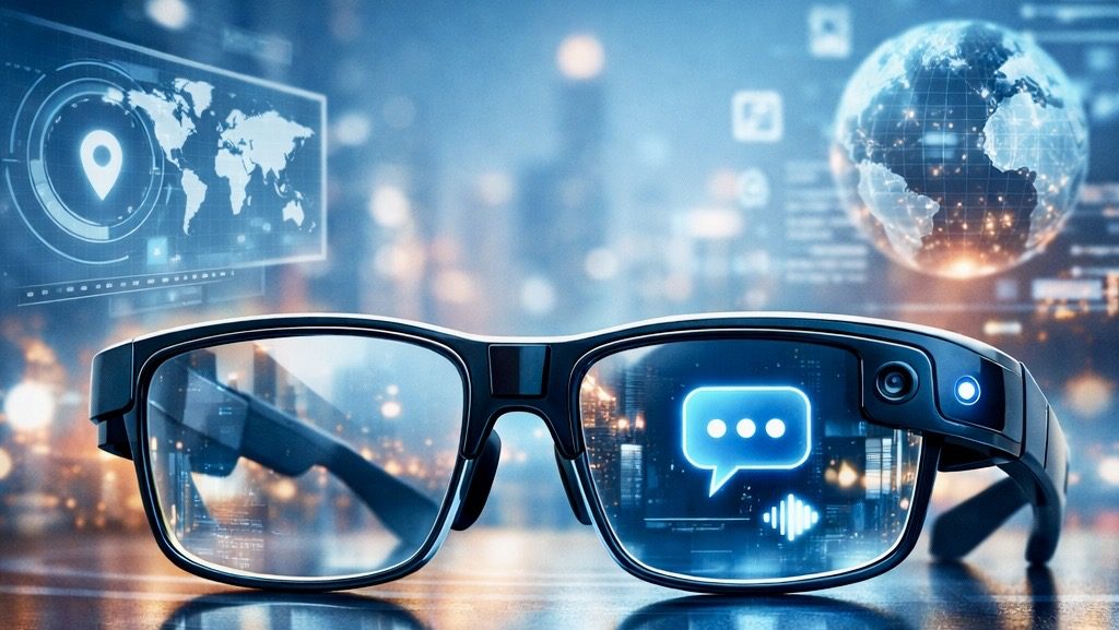 AI-generated illustration of smart glasses displaying augmented reality and voice-assistant features, representing the evolution of wearable AI technology.