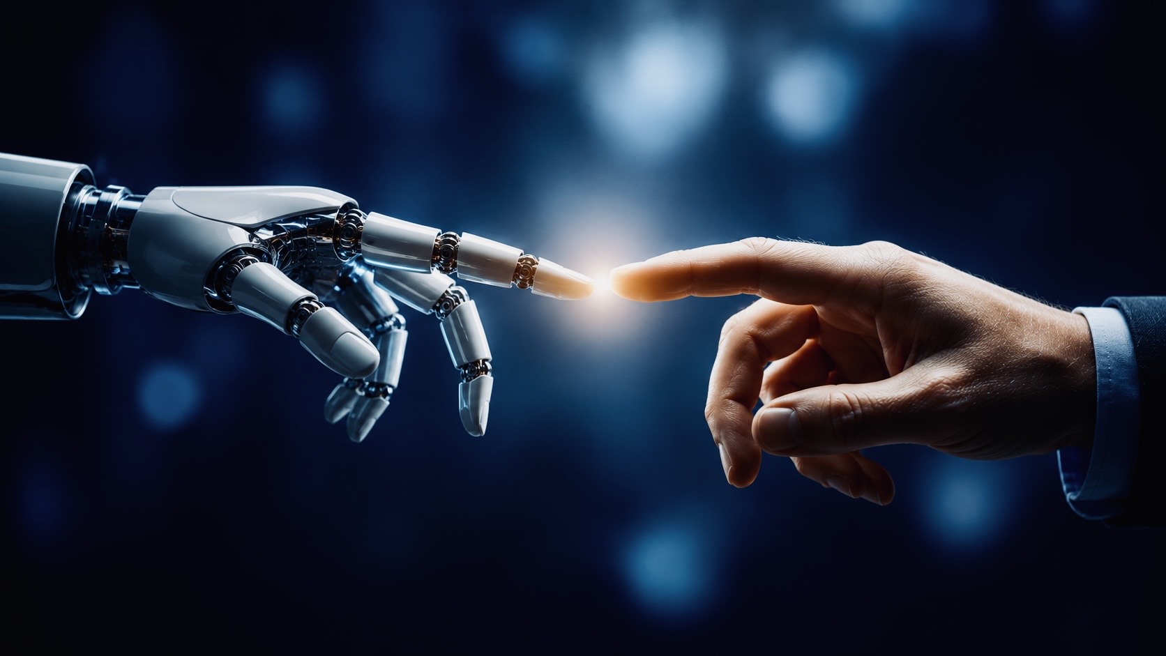 A robotic hand and a human hand reach toward each other against a futuristic blue background, symbolizing the growing relationship between artificial intelligence and human intelligence.