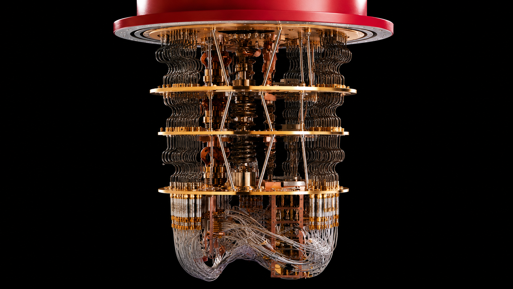A quantum computing cryogenic processor suspended against a black background, showing intricate wiring, cooling components, and layered metallic structures used in advanced quantum research.