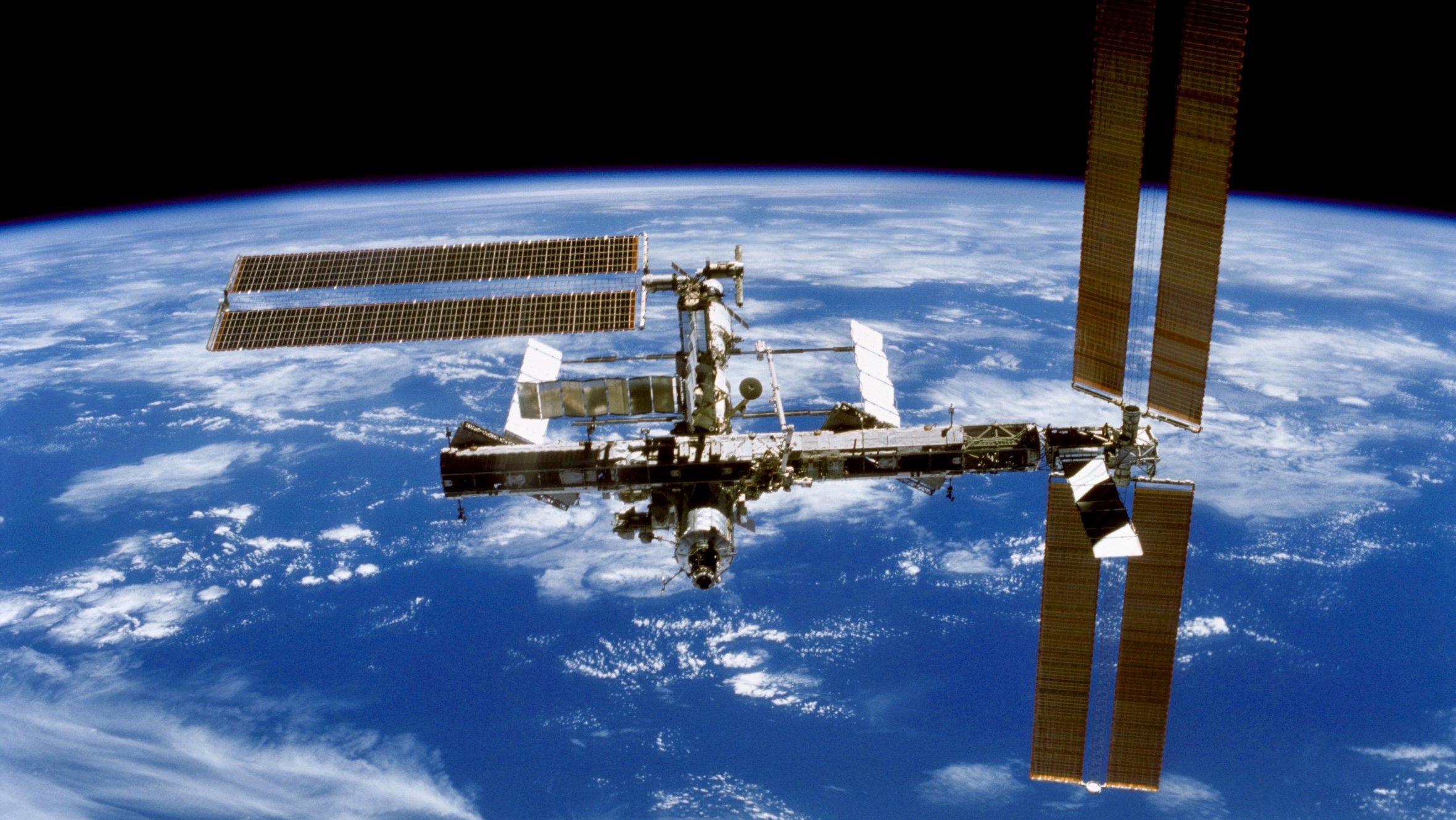 The International Space Station photographed in low-Earth orbit during an orbital pass. NASA imagery is released into the public domain and may be used for editorial and commercial publishing.