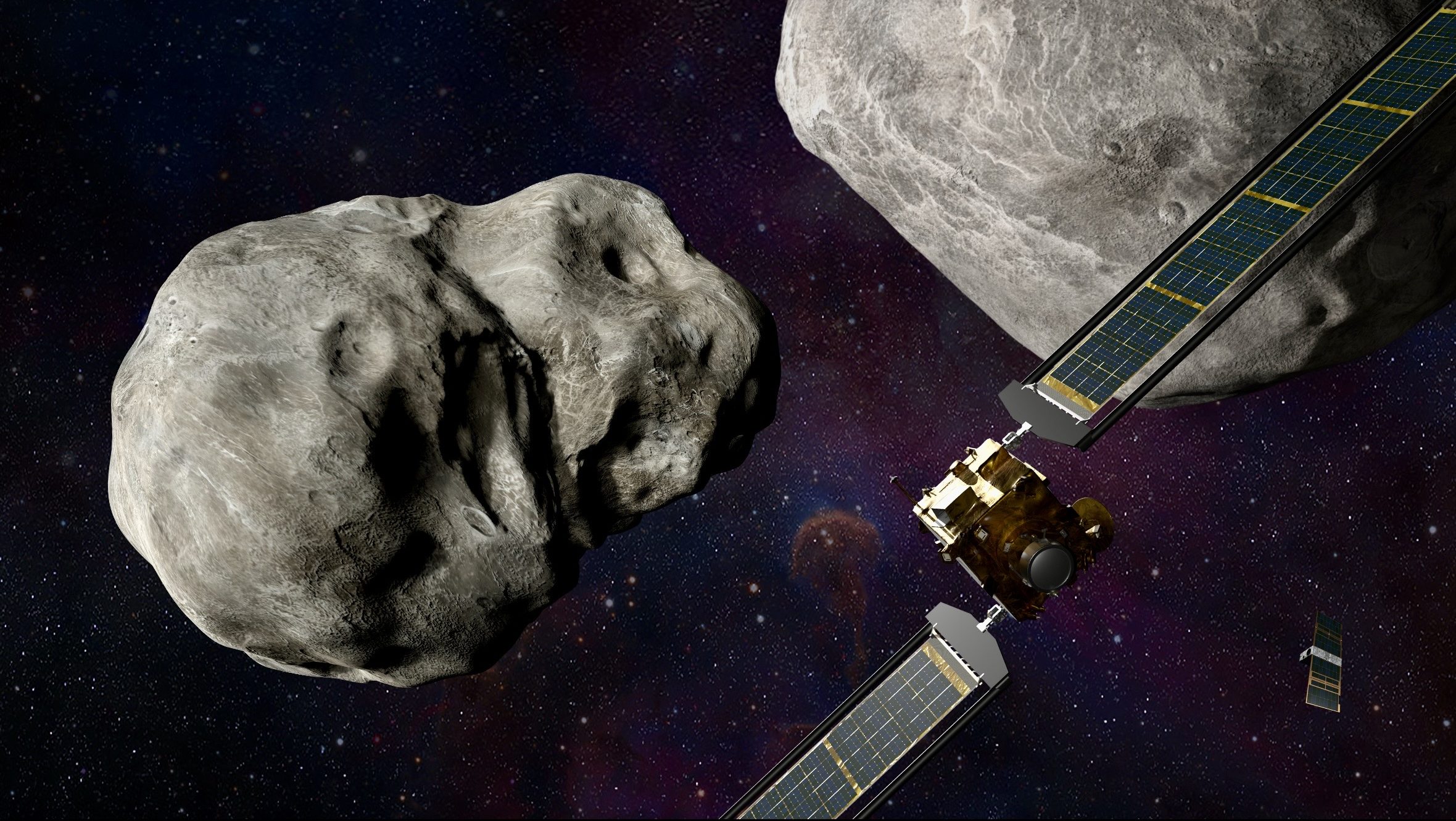 NASA illustration of a spacecraft approaching an asteroid during a planetary defense mission