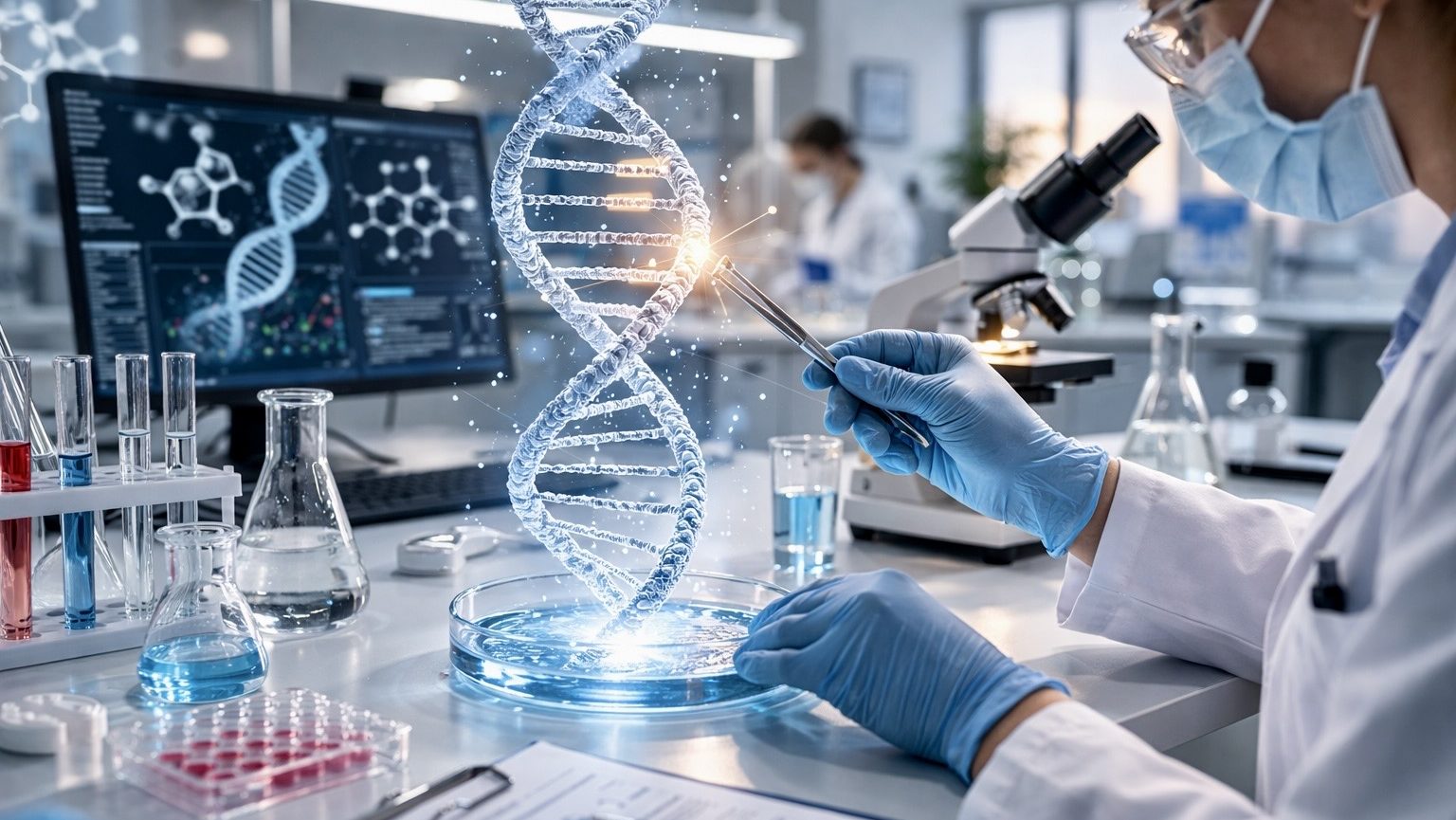 AI-generated illustration of gene editing technology with DNA strand and laboratory setting representing CRISPR research