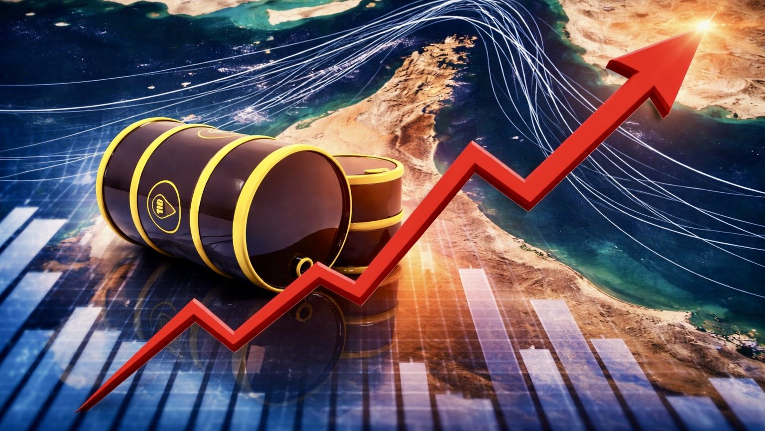 Oil prices rising sharply with upward trend graph as geopolitical tensions impact global energy markets