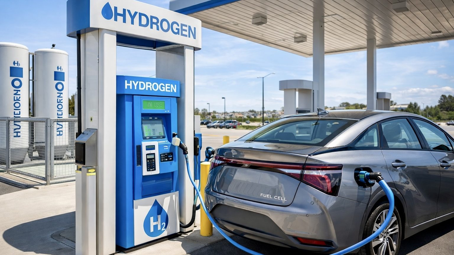 Hydrogen fuel station with a fuel cell vehicle refuelling at a modern hydrogen pump