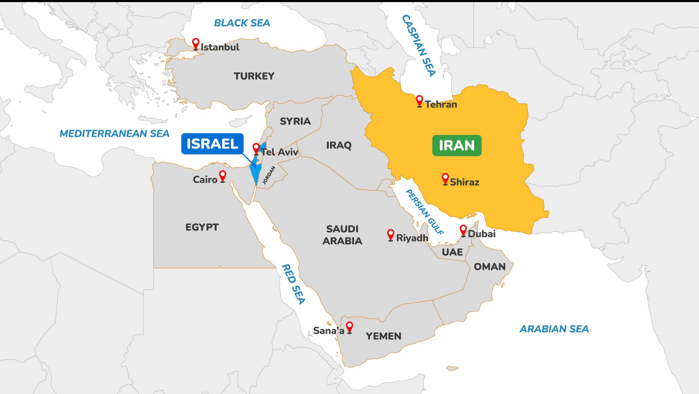 Map showing Israel and Iran with regional airstrike activity and conflict zones in the Middle East