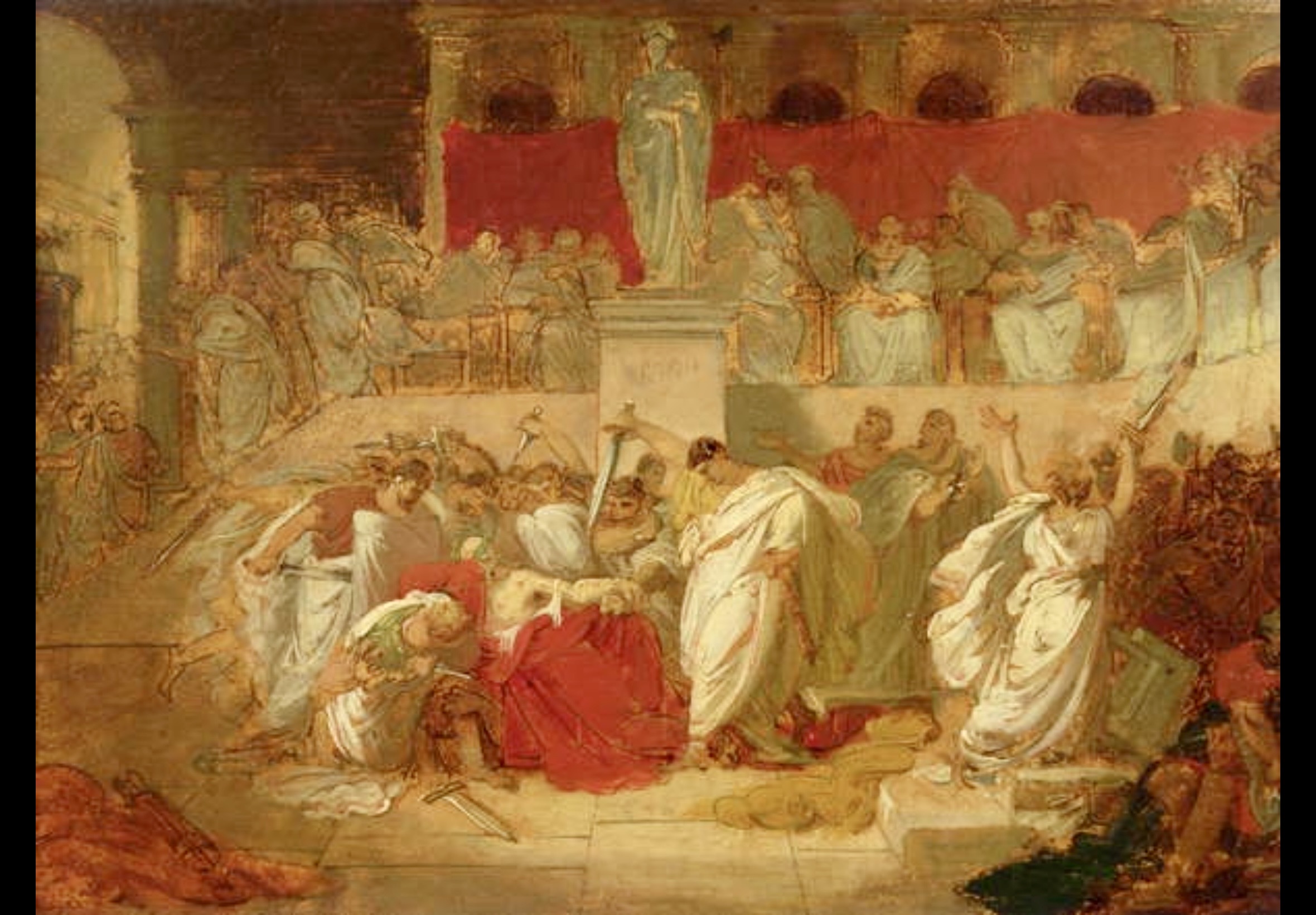 Painting depicting the assassination of Julius Caesar on the Ides of March in 44 BCE
