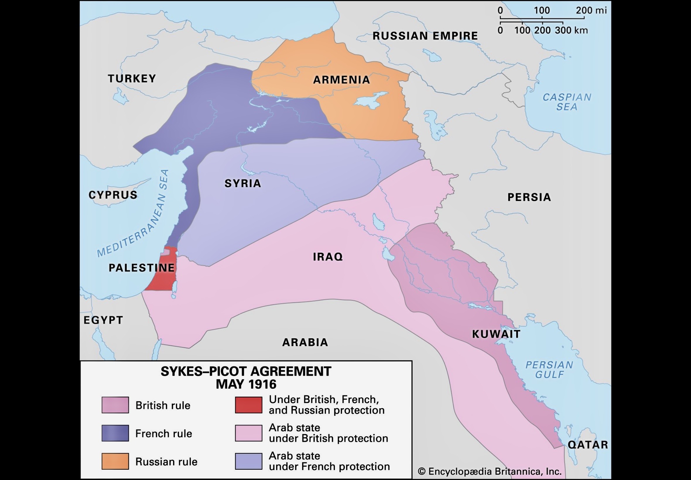 Map showing the Sykes–Picot Agreement of 1916 dividing the Middle East into British and French spheres of influence