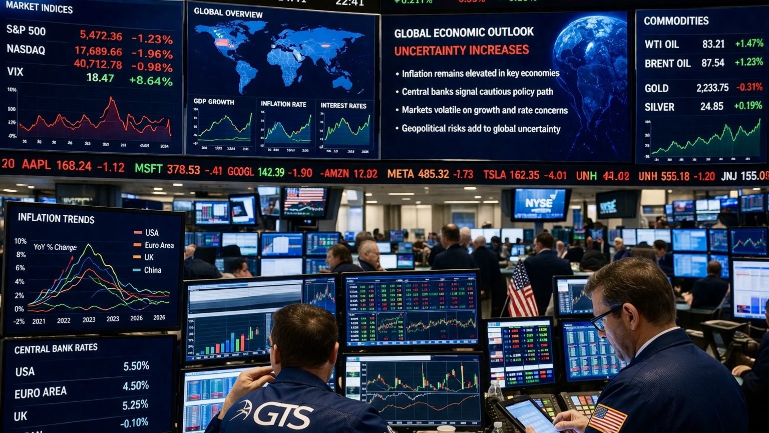 Global financial markets displayed on trading floor screens showing stock movements, inflation data, and economic indicators amid uncertainty