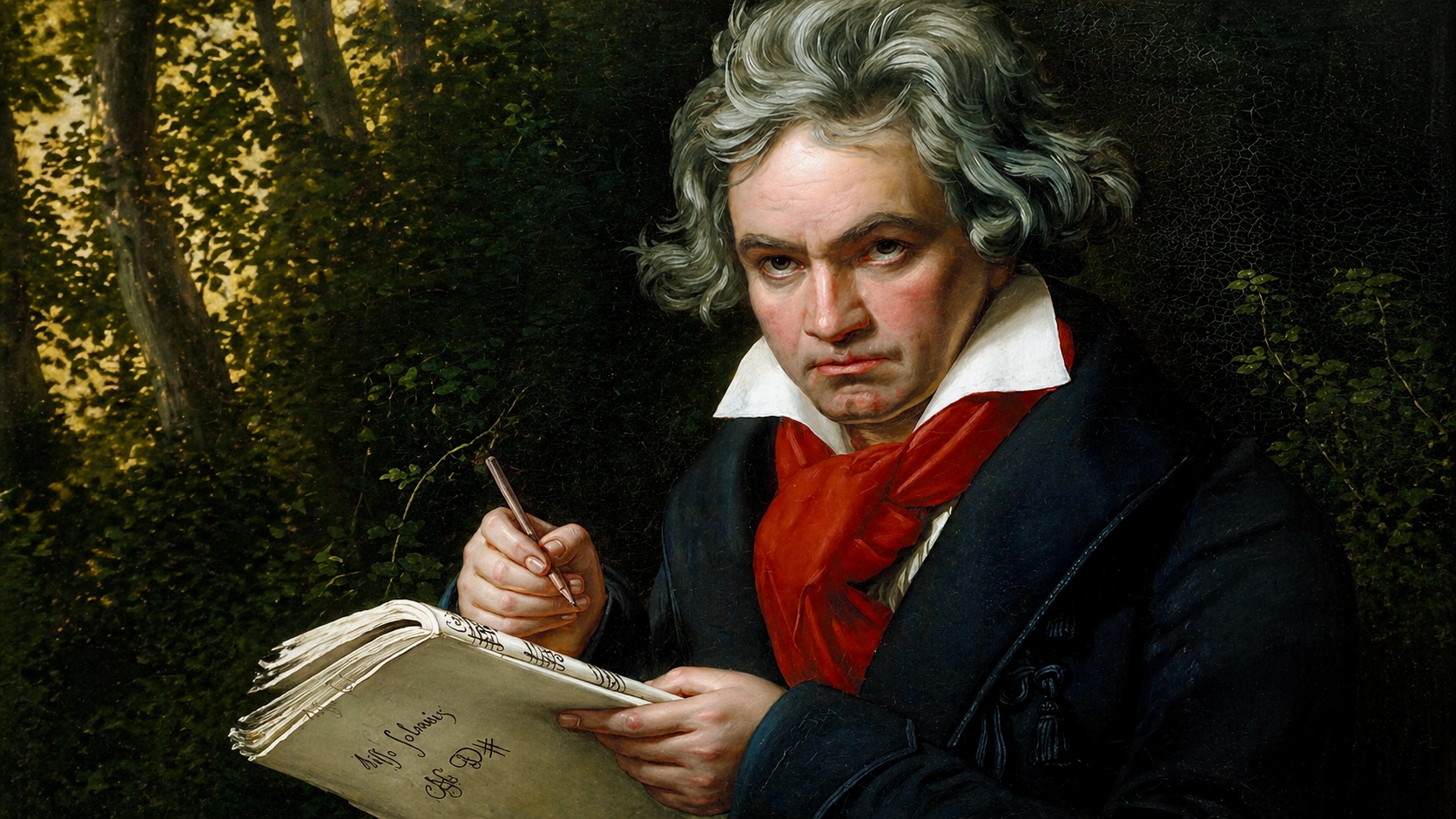 Portrait of Ludwig van Beethoven writing music manuscript in a classical painting style
