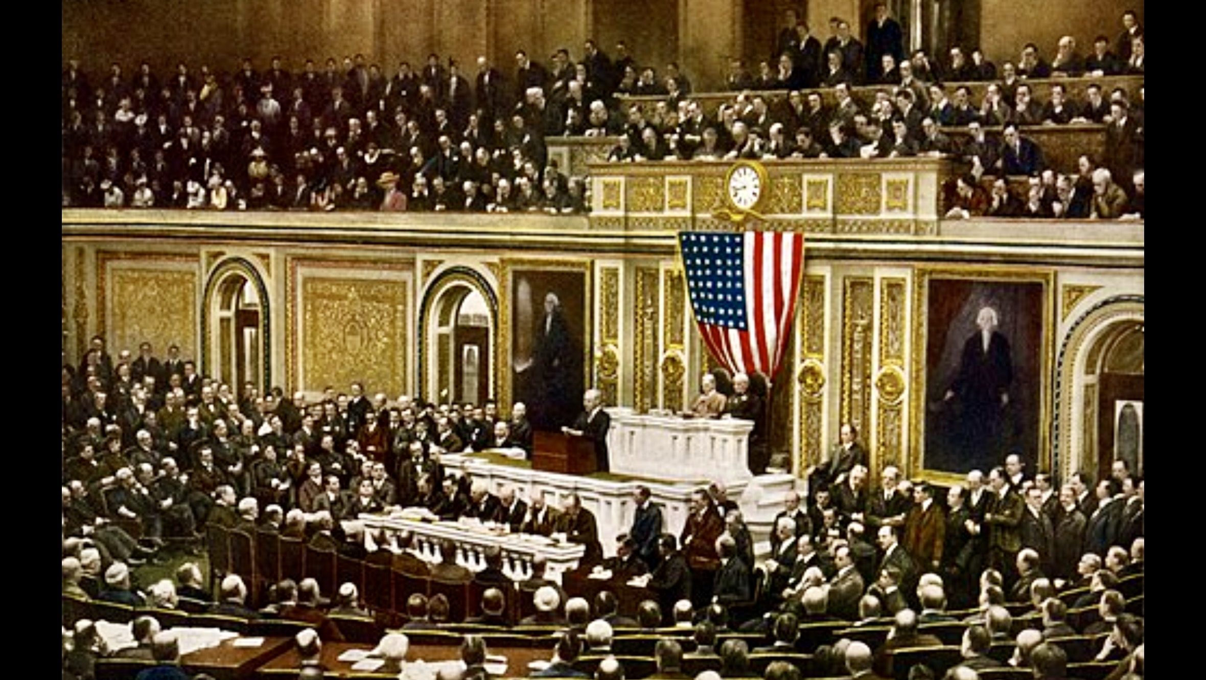 Woodrow Wilson addressing Congress on April 2, 1917, requesting a declaration of war against Germany during World War I