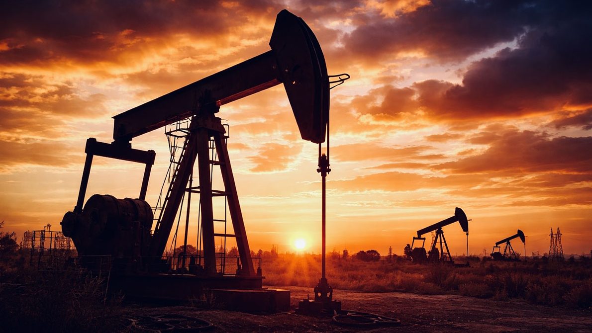 Oil pump jack silhouetted against a dramatic sunset, representing global oil production and rising energy prices