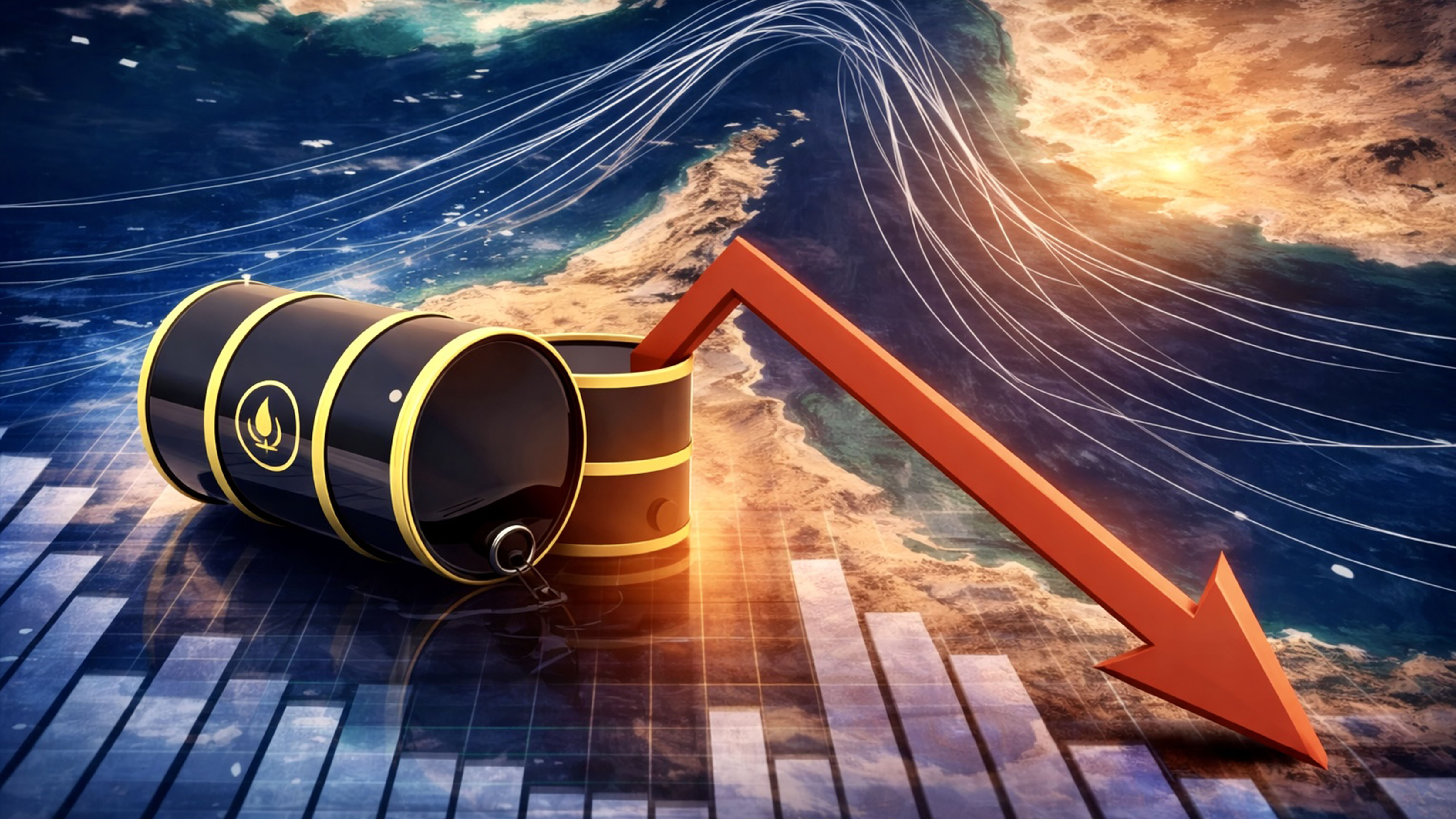 Illustration of oil barrels with a downward red arrow over a global map, representing falling oil prices and easing energy market pressures