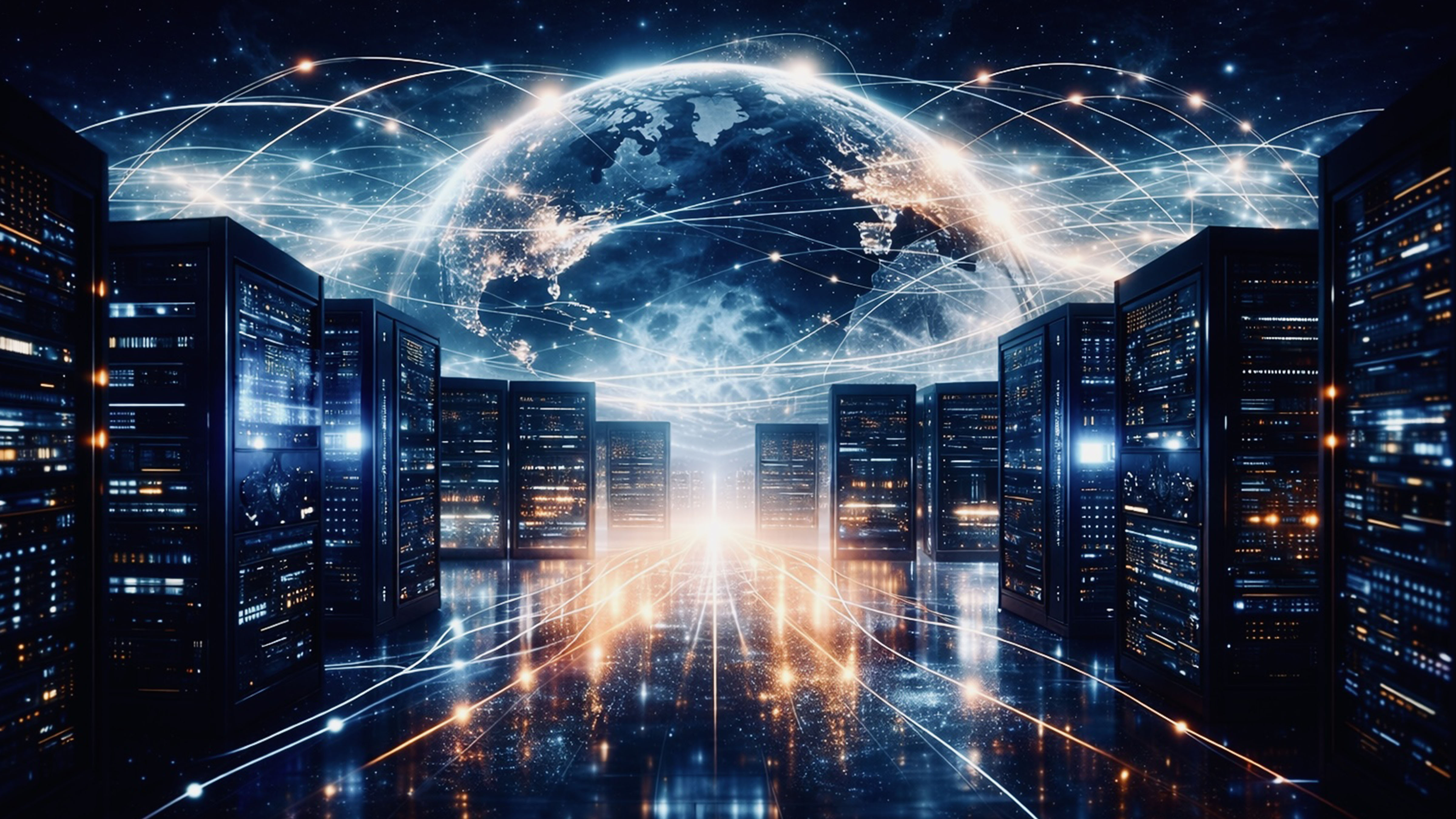 Futuristic artificial intelligence data centre connected to a global digital network, representing advanced AI systems and global competition in 2026