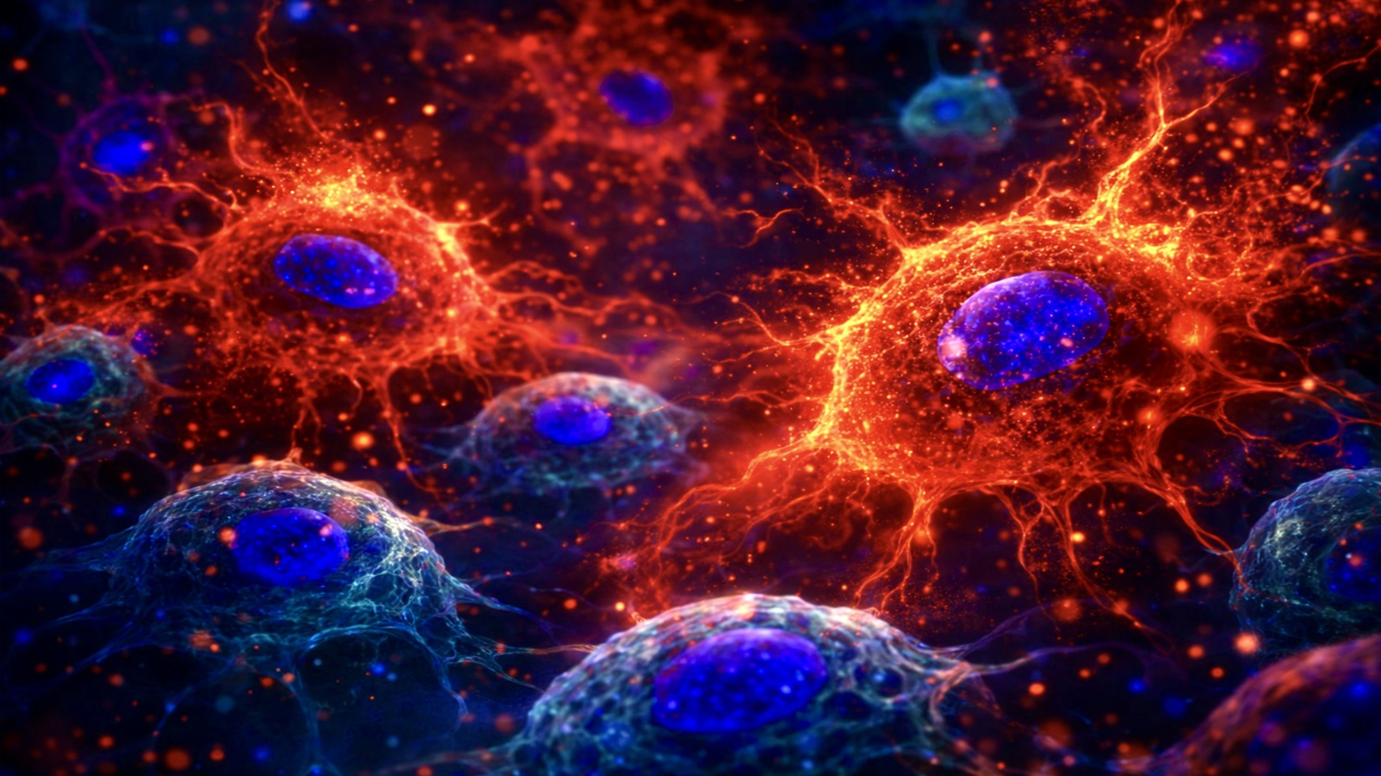 Illustration of senescent “zombie cells” emitting inflammatory signals among surrounding healthy cells, representing cellular aging and disease processes