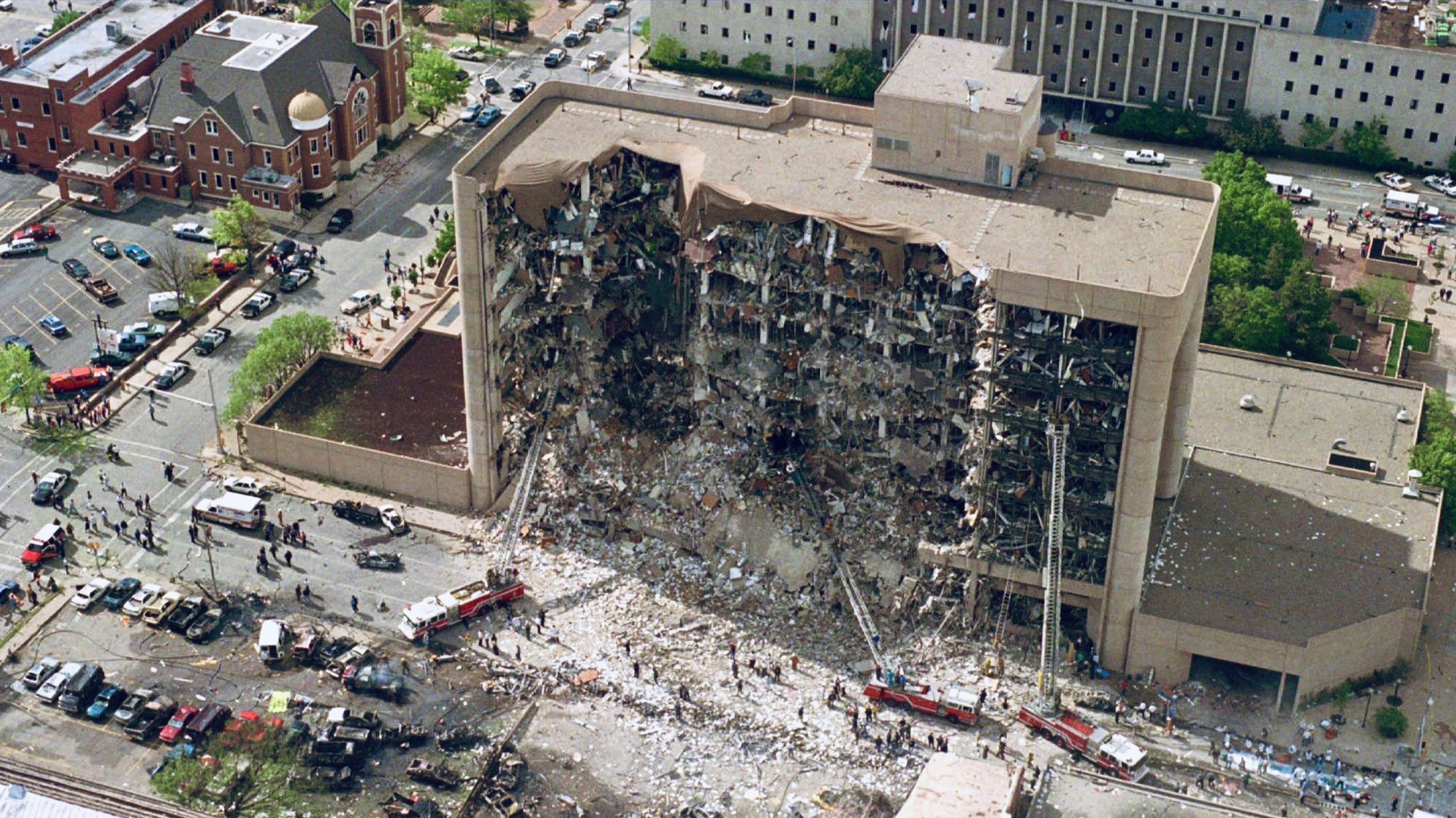 Aftermath of the Oklahoma City bombing showing the heavily damaged Murrah Federal Building and surrounding destruction