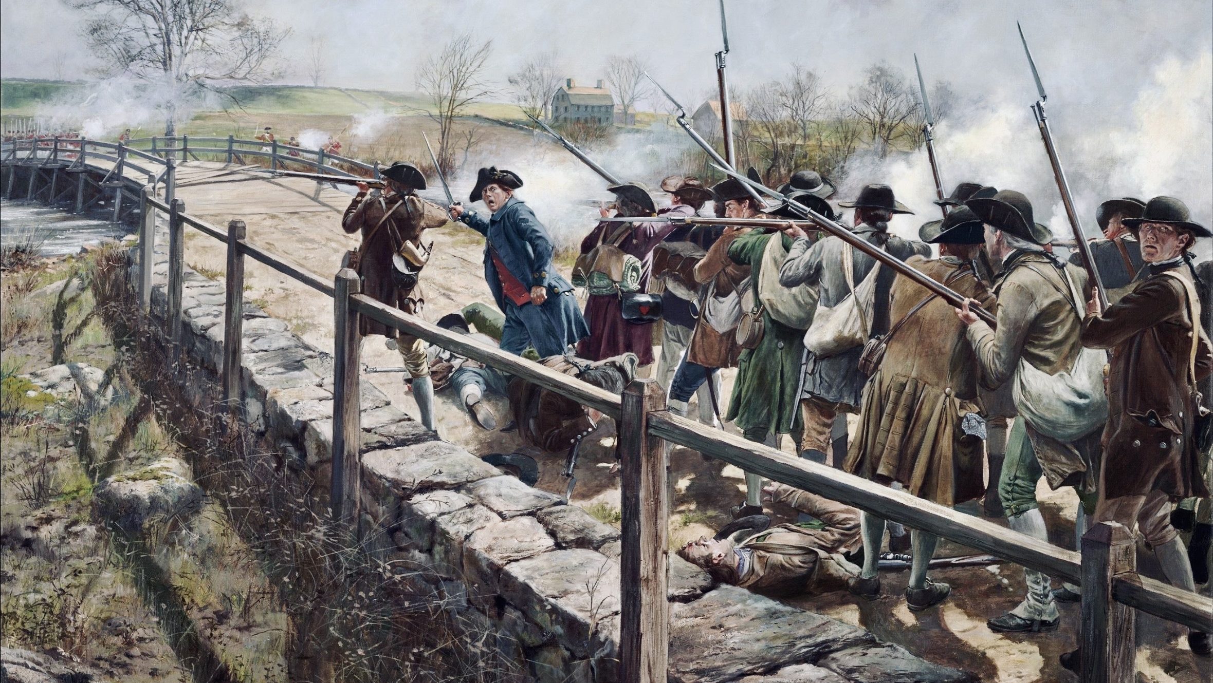 Colonial militia fire on British troops at the North Bridge in Concord during the opening battles of the American Revolutionary War in 1775