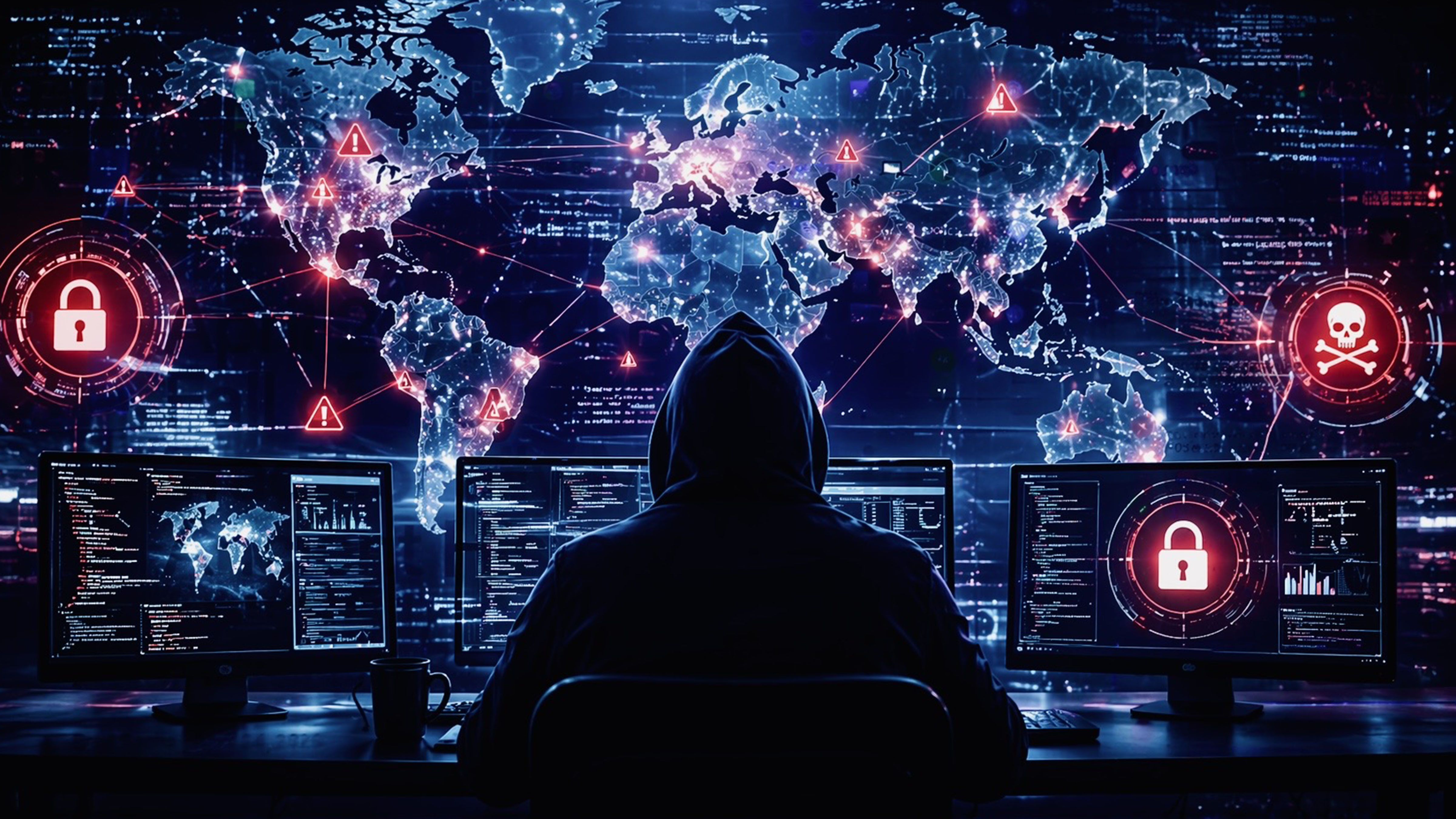 Cybersecurity threats in 2026 visualized with global cyberattack network and data breach alerts
