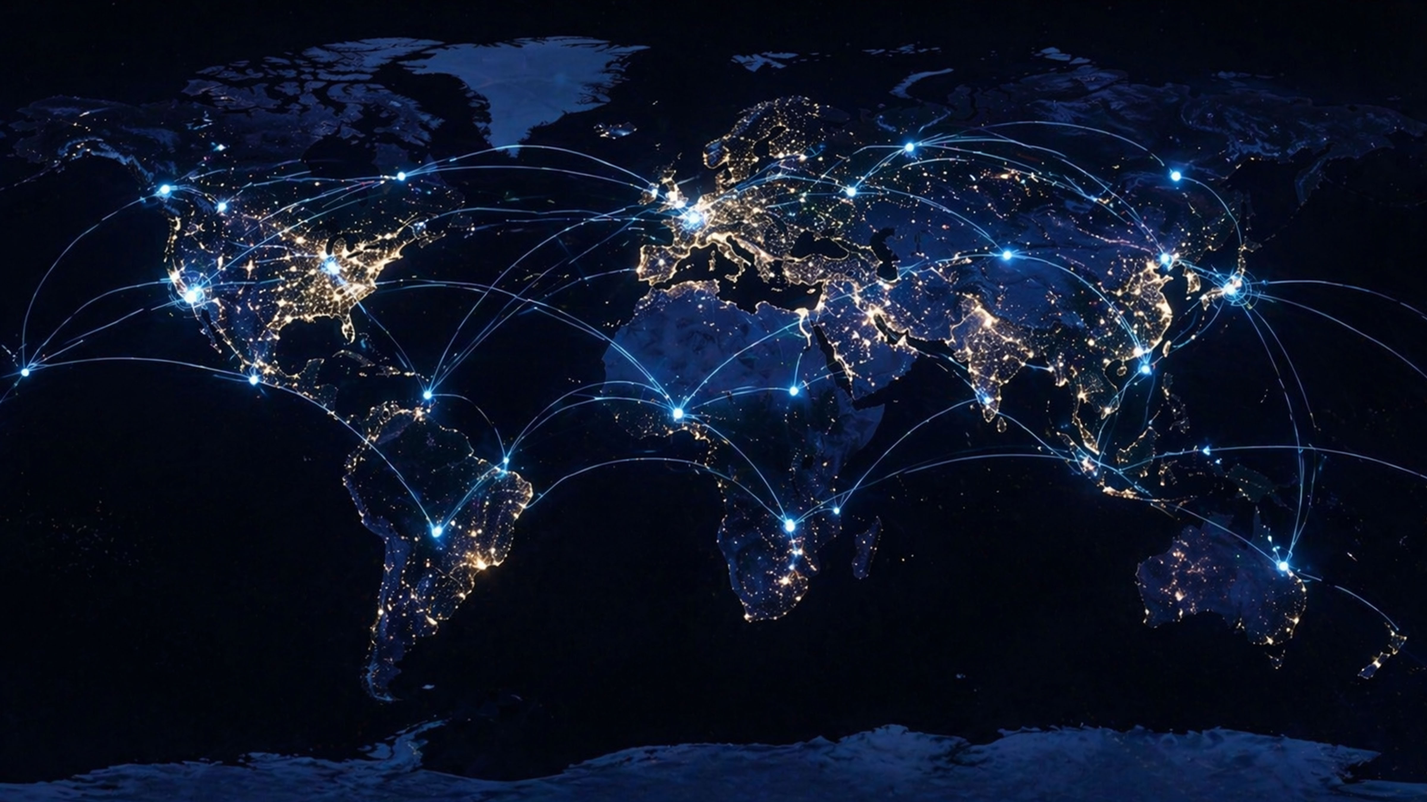 AI race accelerates as global digital networks connect major cities across the world map at night