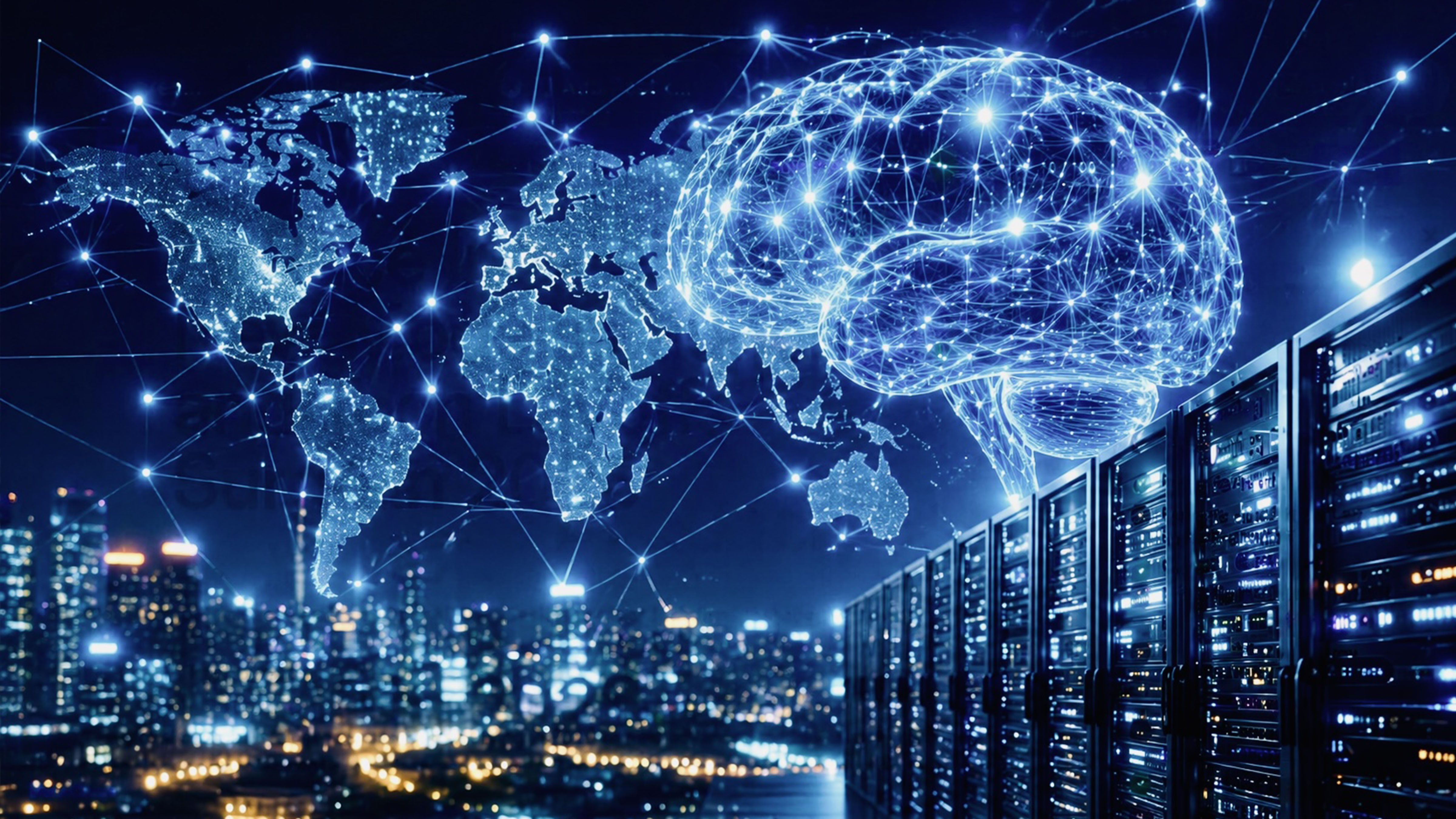 Global artificial intelligence network visualized as a digital brain connected across a world map above data center servers
