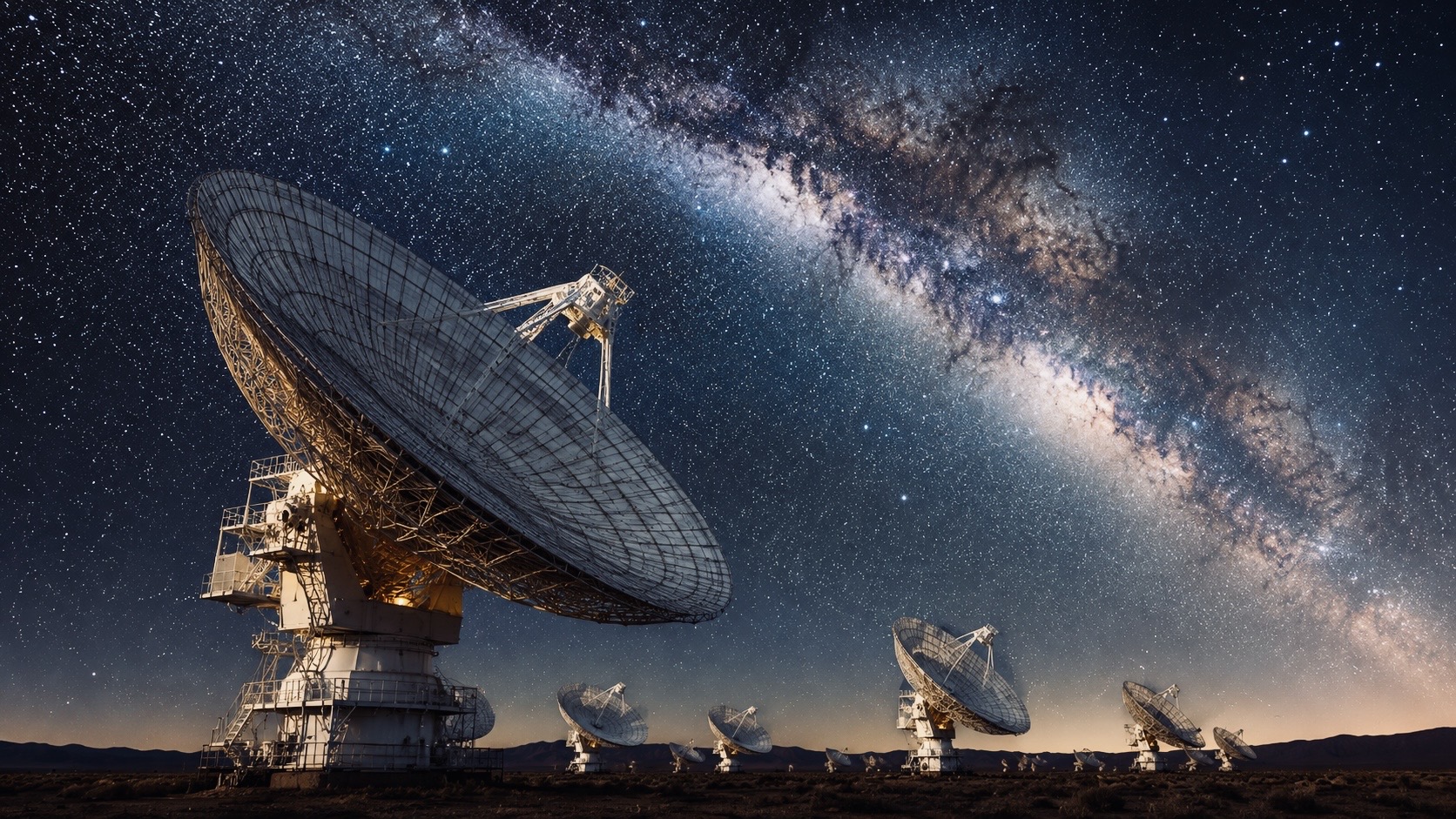Large radio telescopes beneath the Milky Way galaxy scanning deep space for possible signals from intelligent extraterrestrial civilizations.