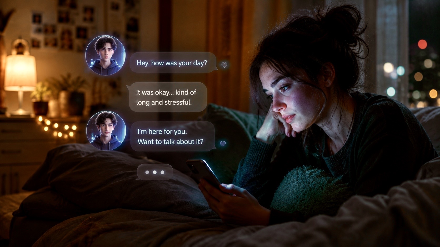 Young woman lying in bed at night using a smartphone while messaging with an AI companion displayed through digital chat bubbles.