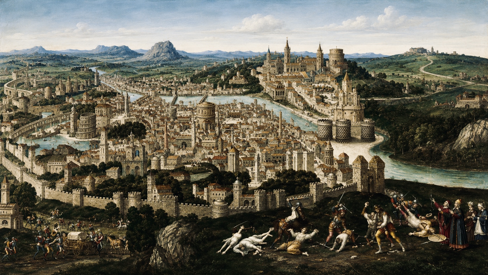 Panoramic Renaissance-style depiction of the Sack of Rome in 1527 showing fortified walls, crowded city streets, and violent conflict outside the city gates