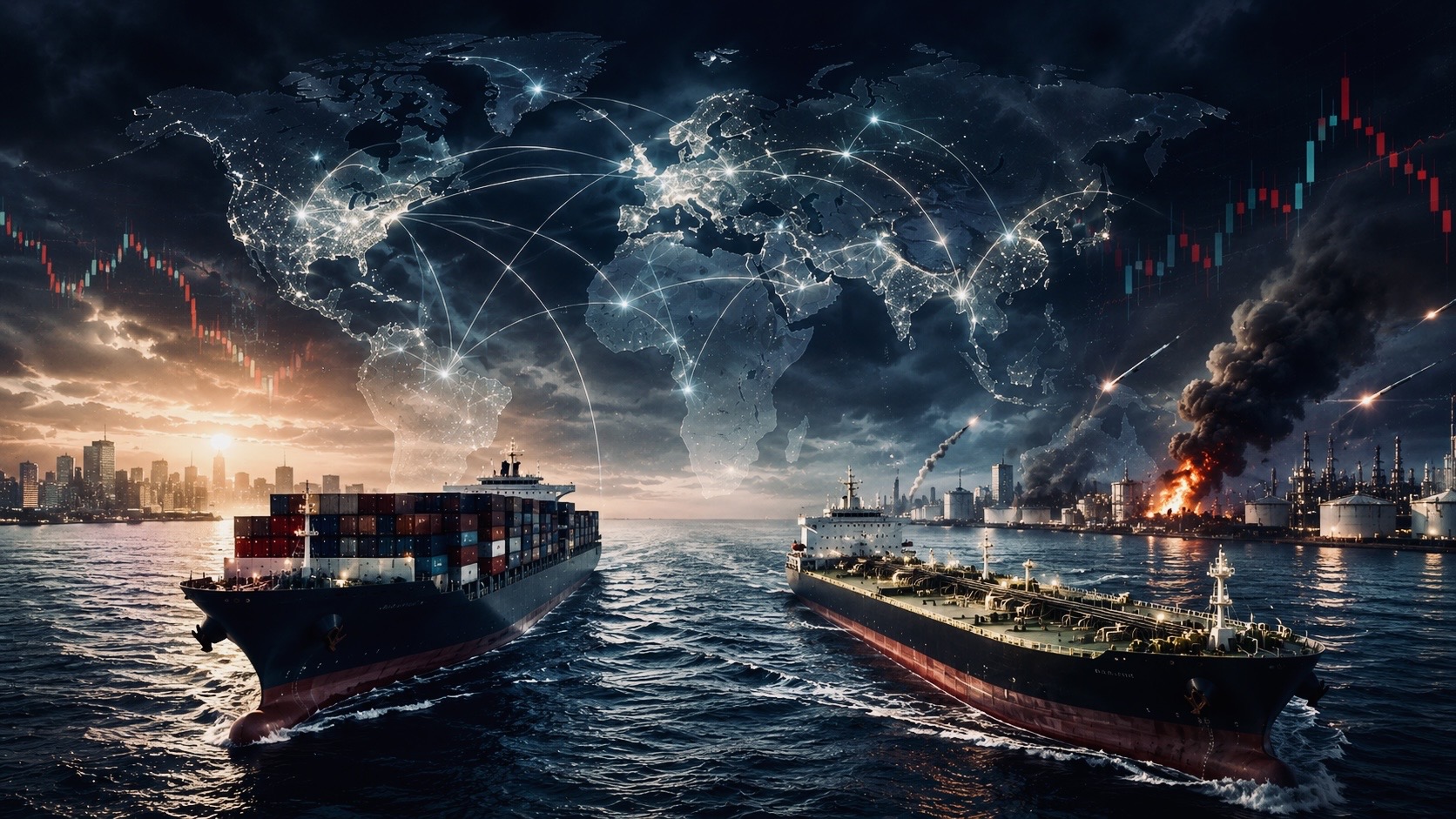 Container ship and oil tanker travel through a major shipping corridor beneath a global trade network map as economic and geopolitical tensions impact international commerce.