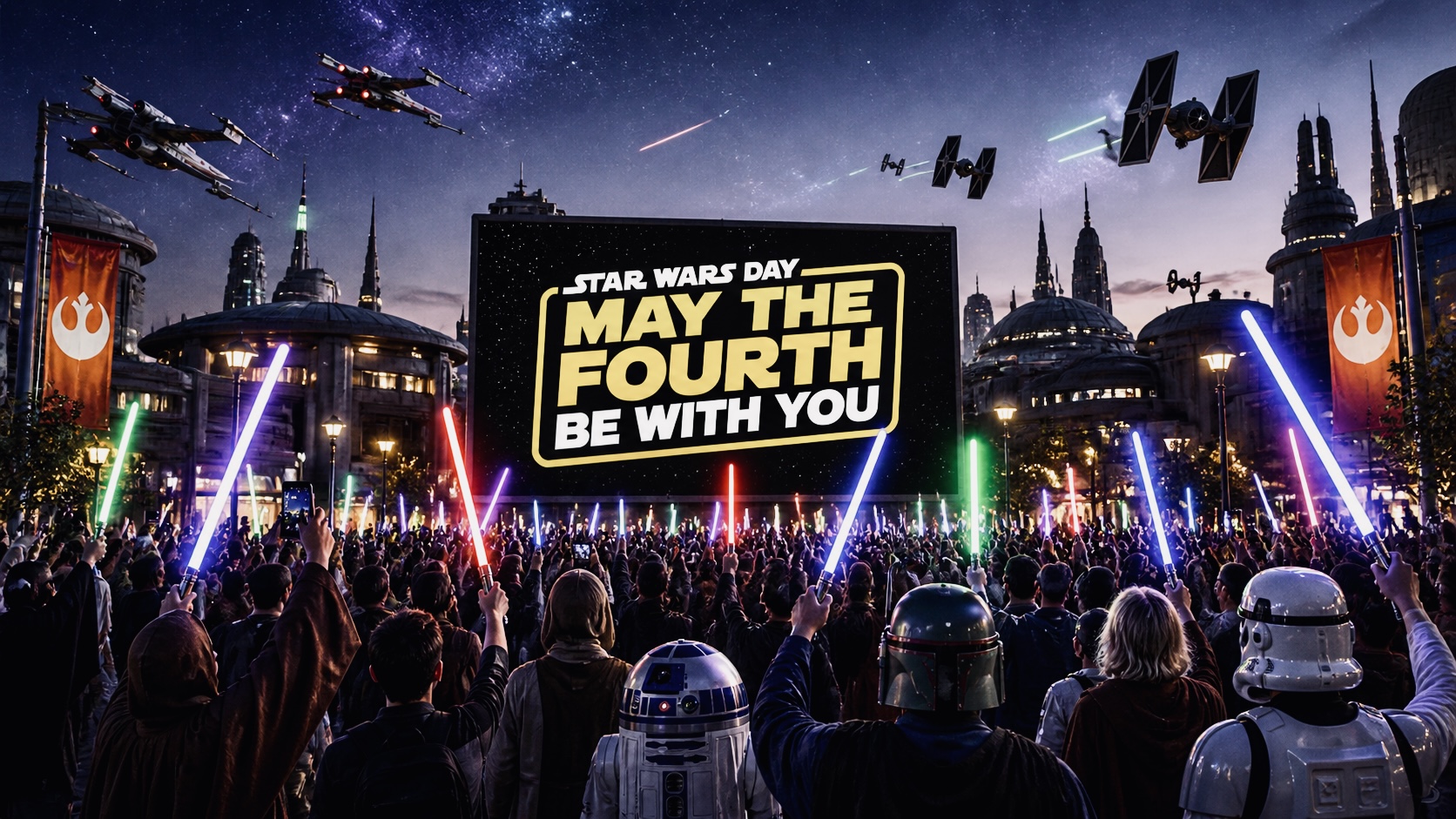 Star Wars Day May 4 global celebration with fans holding lightsabers in a futuristic city scene