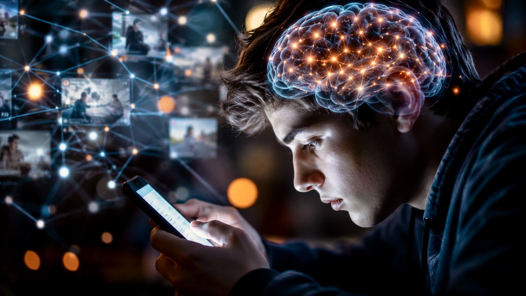 Young person looking at a smartphone with a digital brain visualization and connected data networks surrounding the scene.