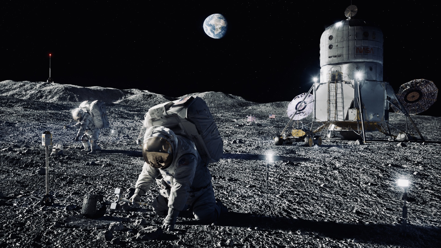 Concept artwork showing astronauts conducting scientific operations near a future NASA Moon Base with habitat modules and lunar infrastructure on the Moon’s surface.