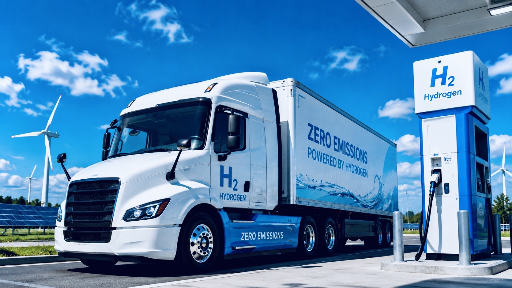 Hydrogen-powered heavy-duty transport truck parked beside a hydrogen refuelling station with renewable energy infrastructure in the background.
