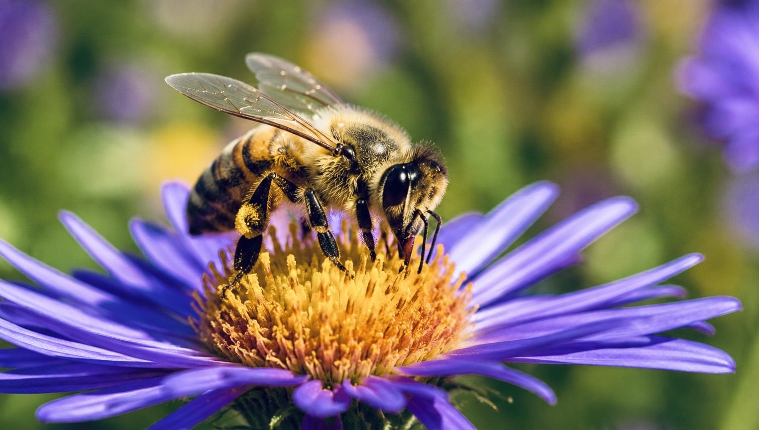 A honeybee gathers pollen from a purple wildflower, highlighting the essential role pollinators play in global food production and ecosystem health.