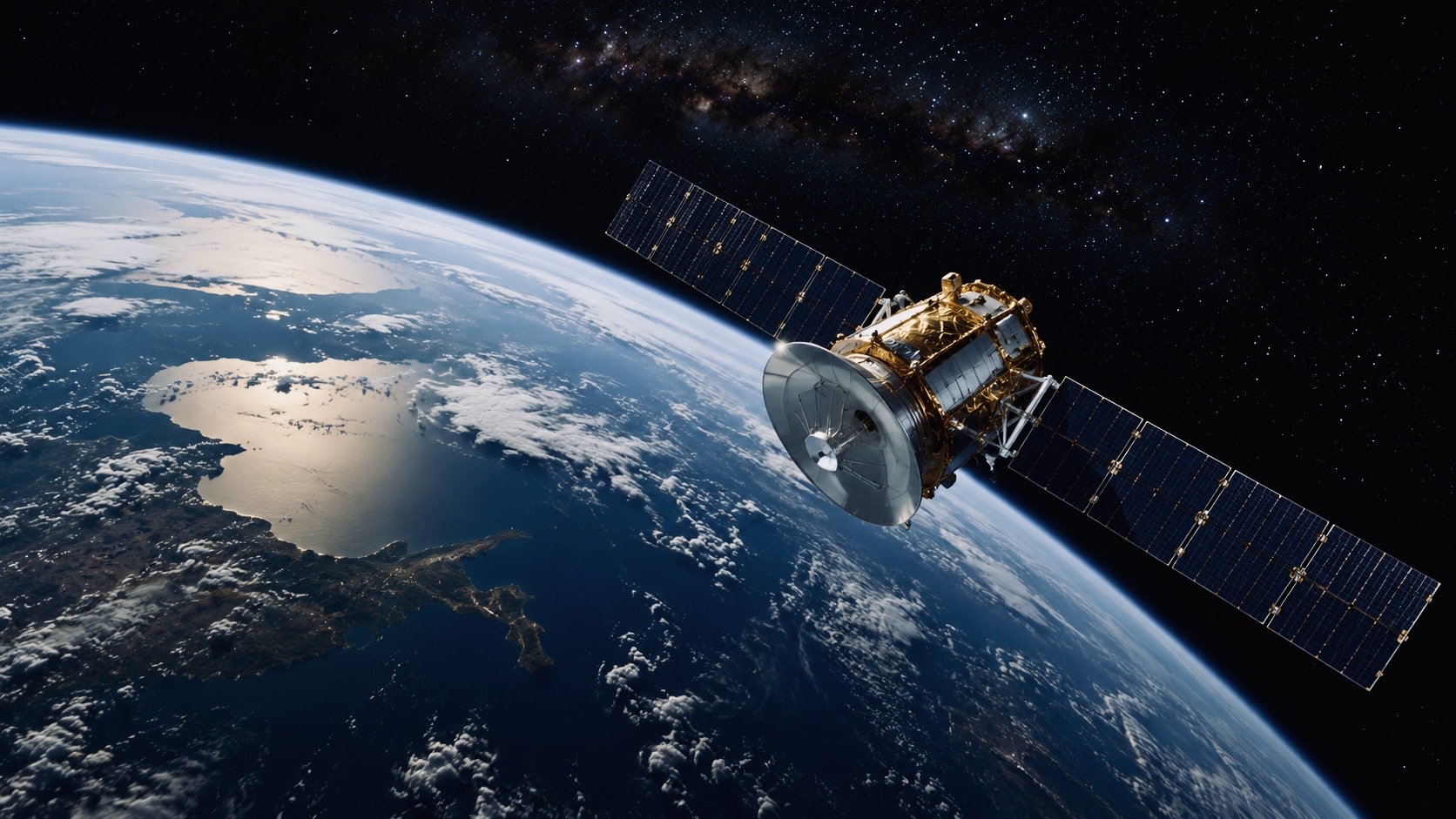 Satellite orbiting Earth above the planet’s atmosphere with stars and deep space visible in the background.