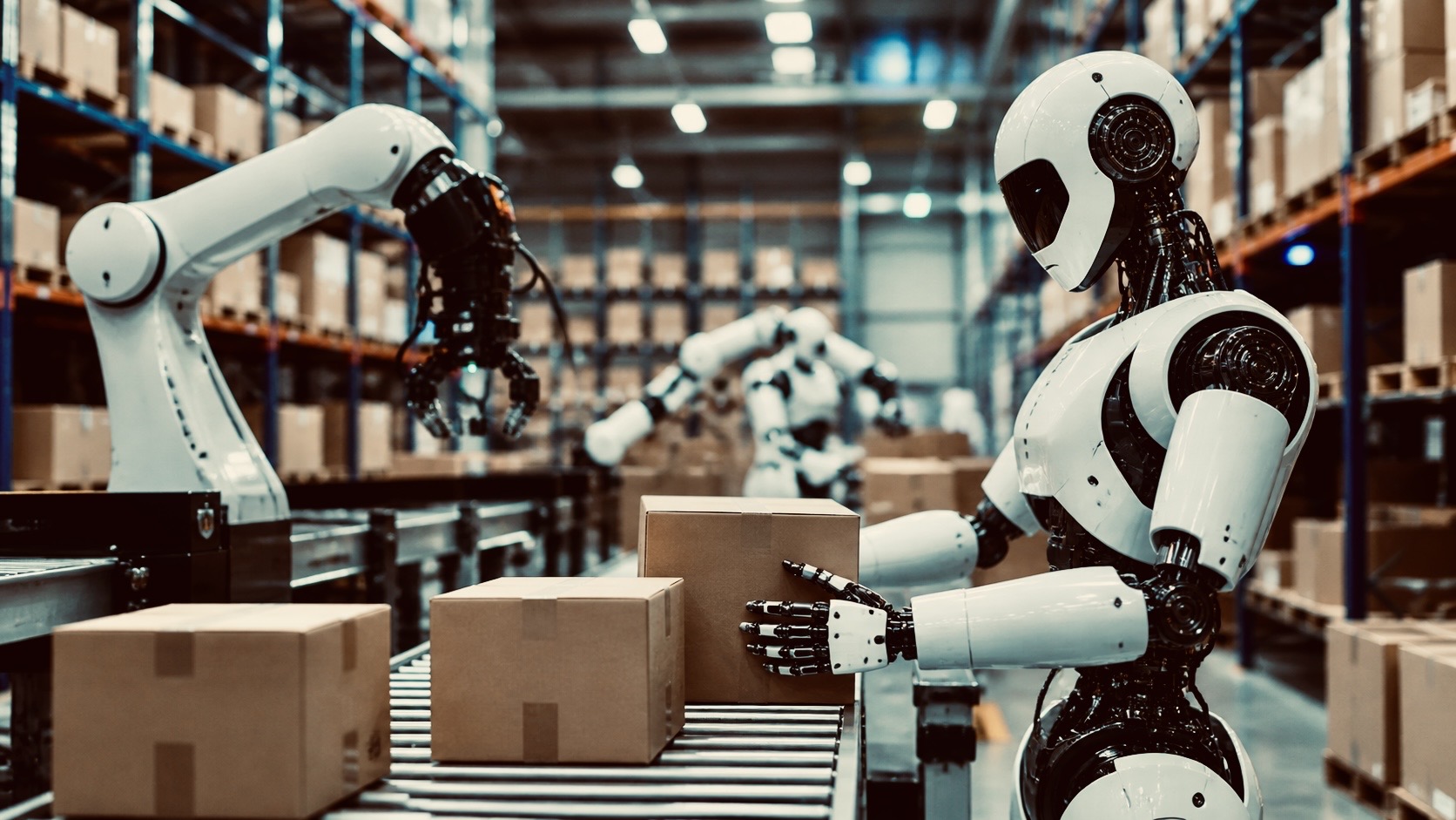 Humanoid robots and automated robotic arms operate inside a large warehouse fulfillment center, moving cardboard packages along conveyor systems.