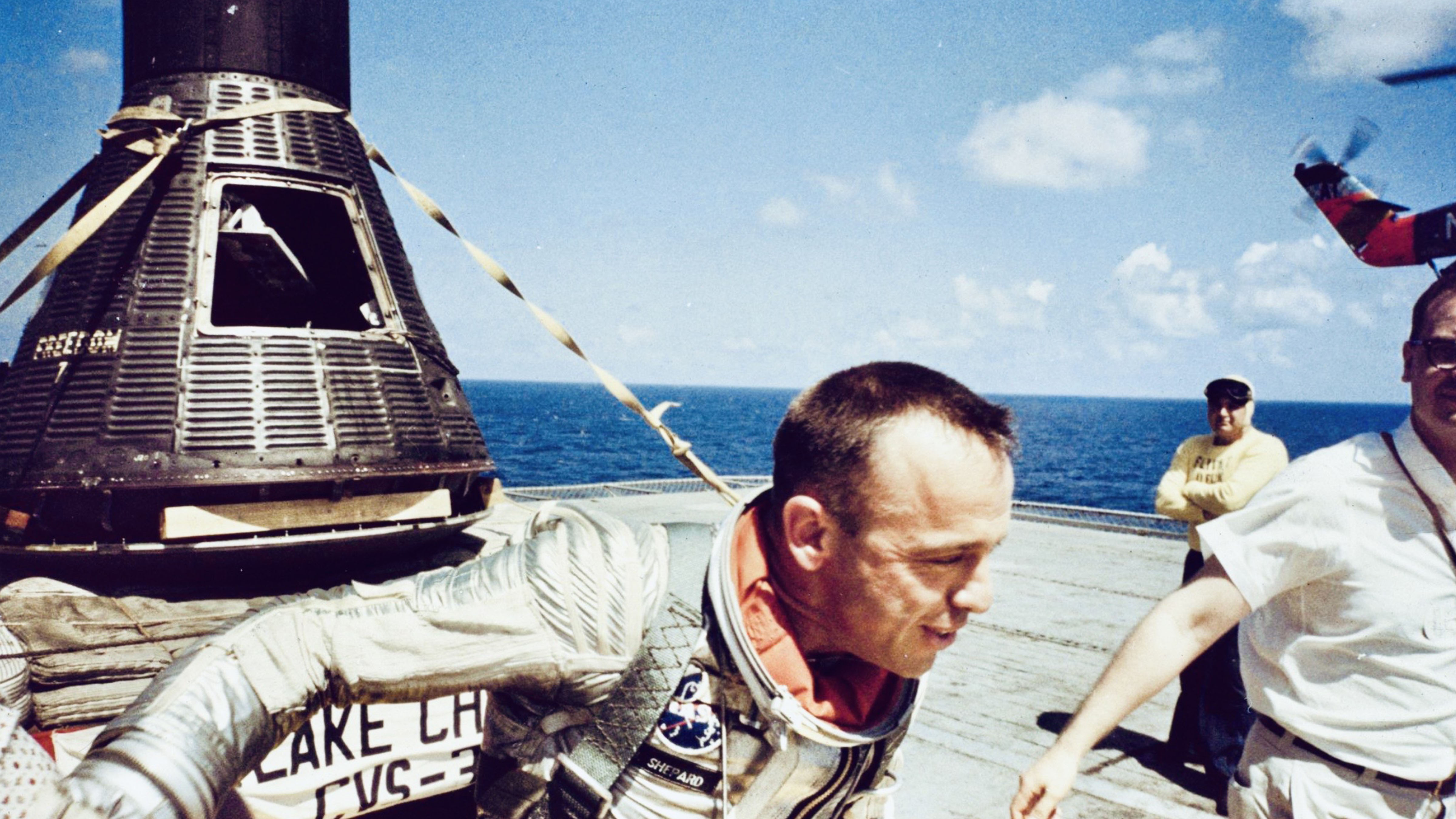 First American in space 1961 Alan Shepard exits Freedom 7 capsule after splashdown