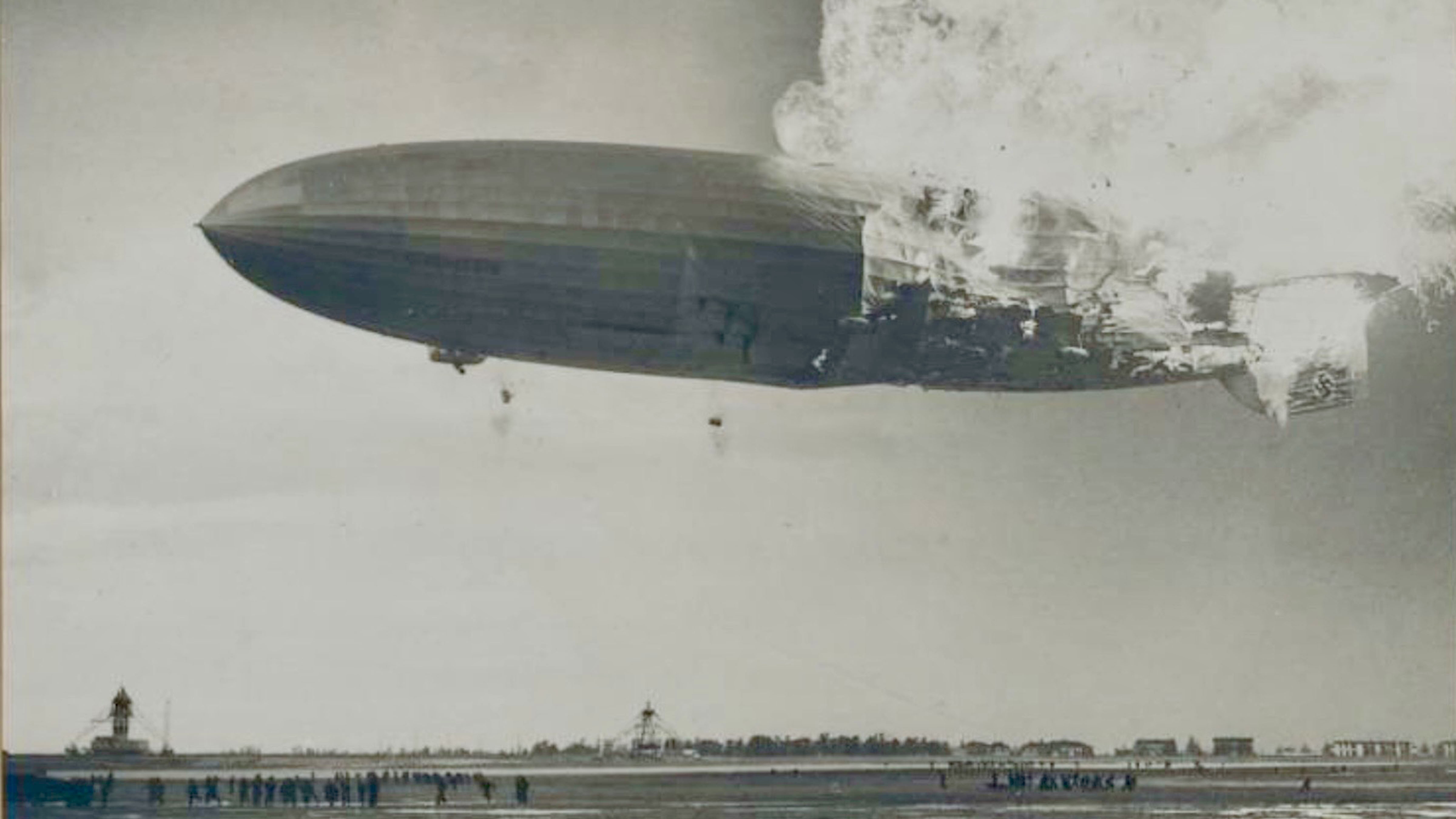 The Hindenburg airship engulfed in flames while attempting to land in Lakehurst, New Jersey, on May 6, 1937