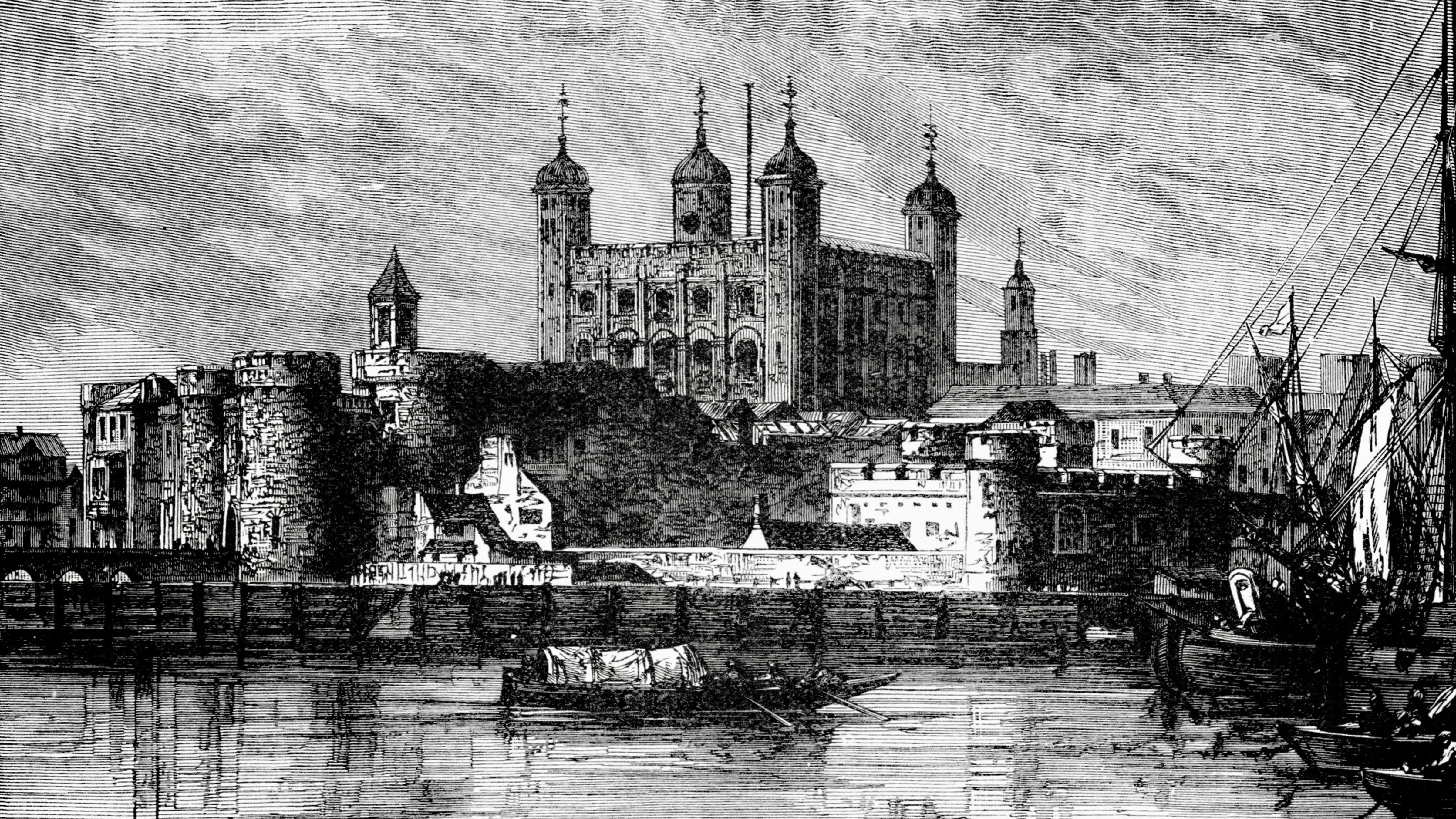 Historic black-and-white engraving of the Tower of London along the River Thames during the period associated with Thomas Blood’s attempted Crown Jewels theft.