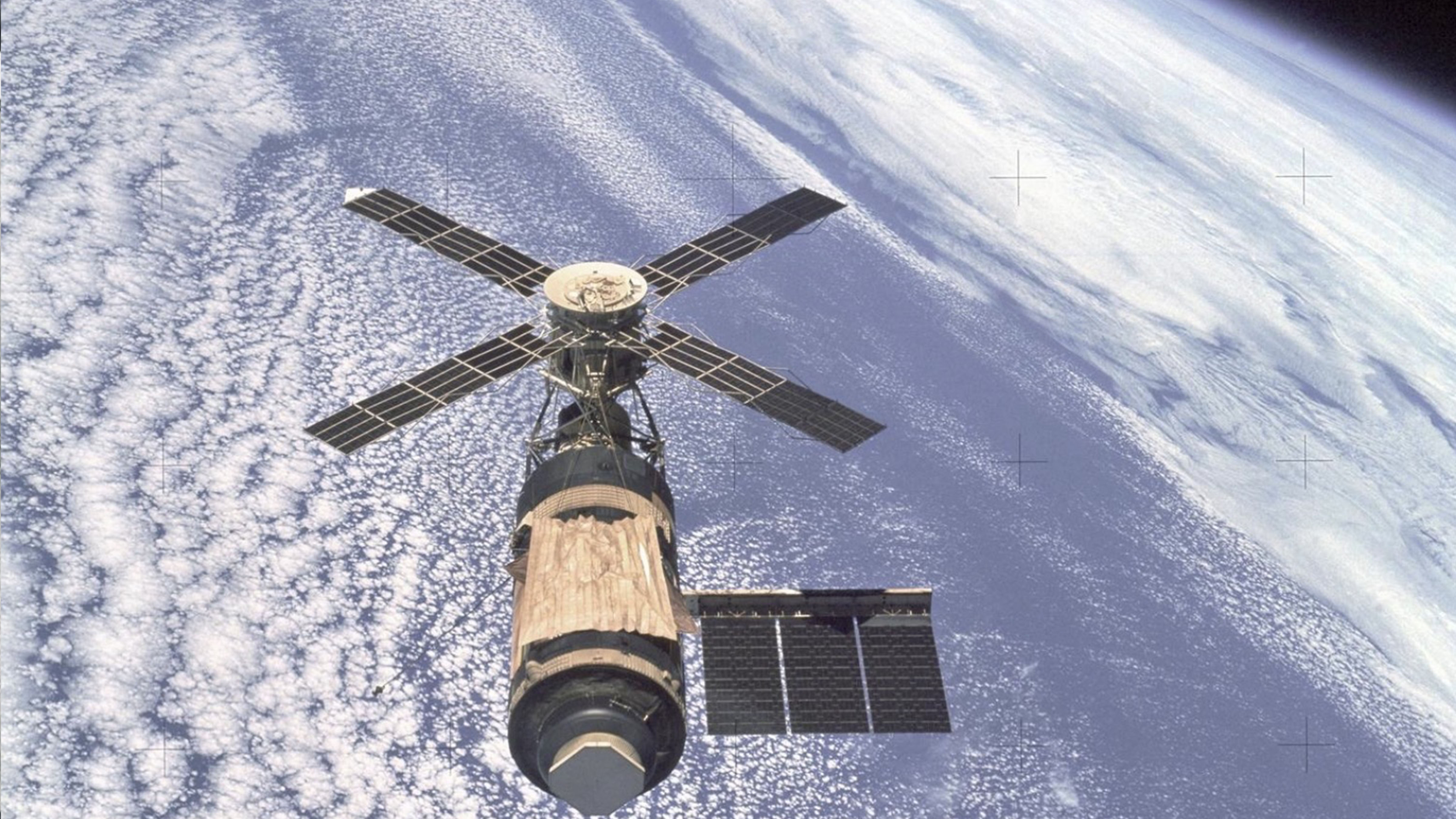NASA’s Skylab space station orbiting above Earth during the Skylab missions in the 1970s