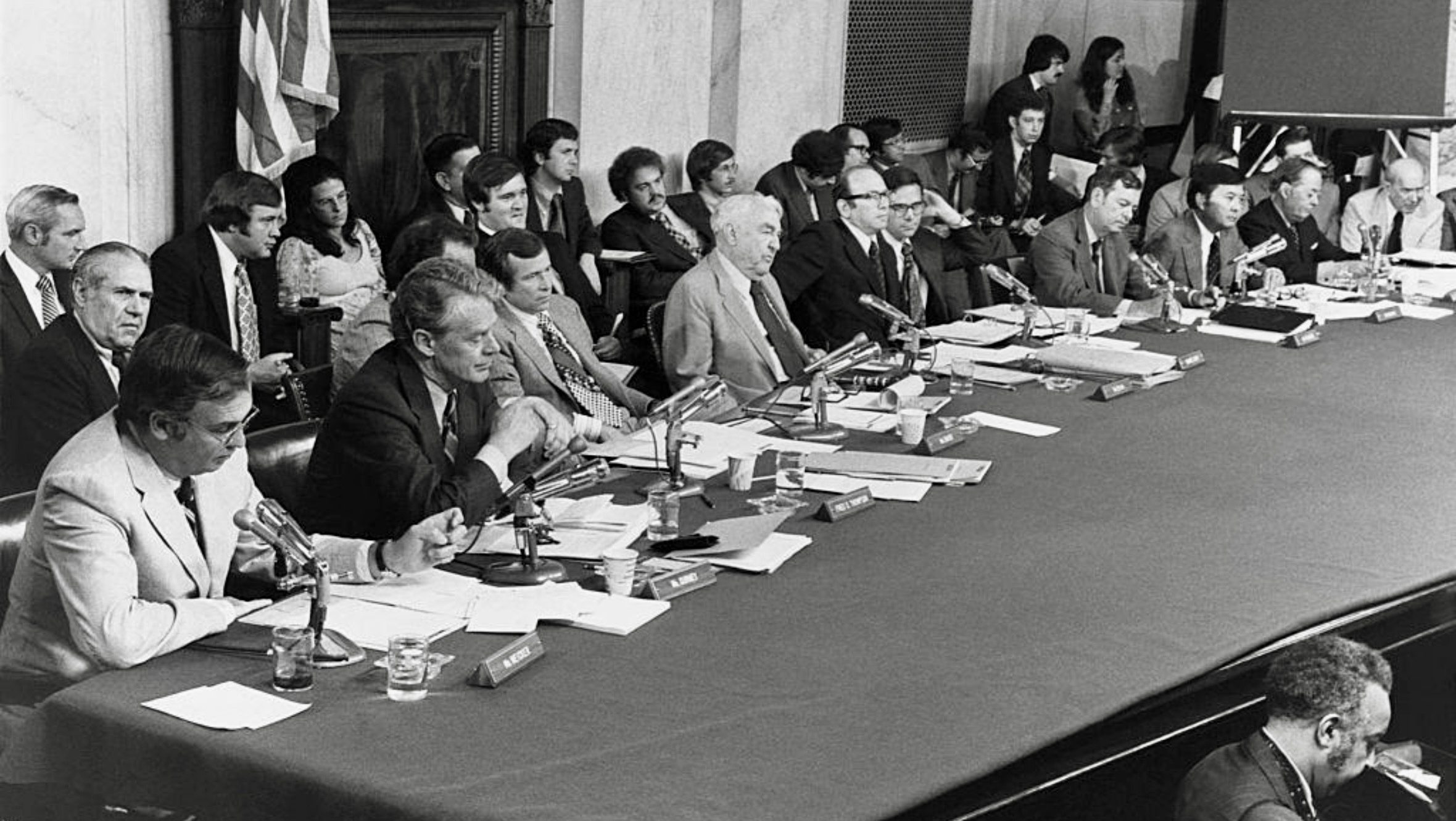 Members of the U.S. Senate Watergate Committee seated during televised hearings in Washington, D.C., in 1973.