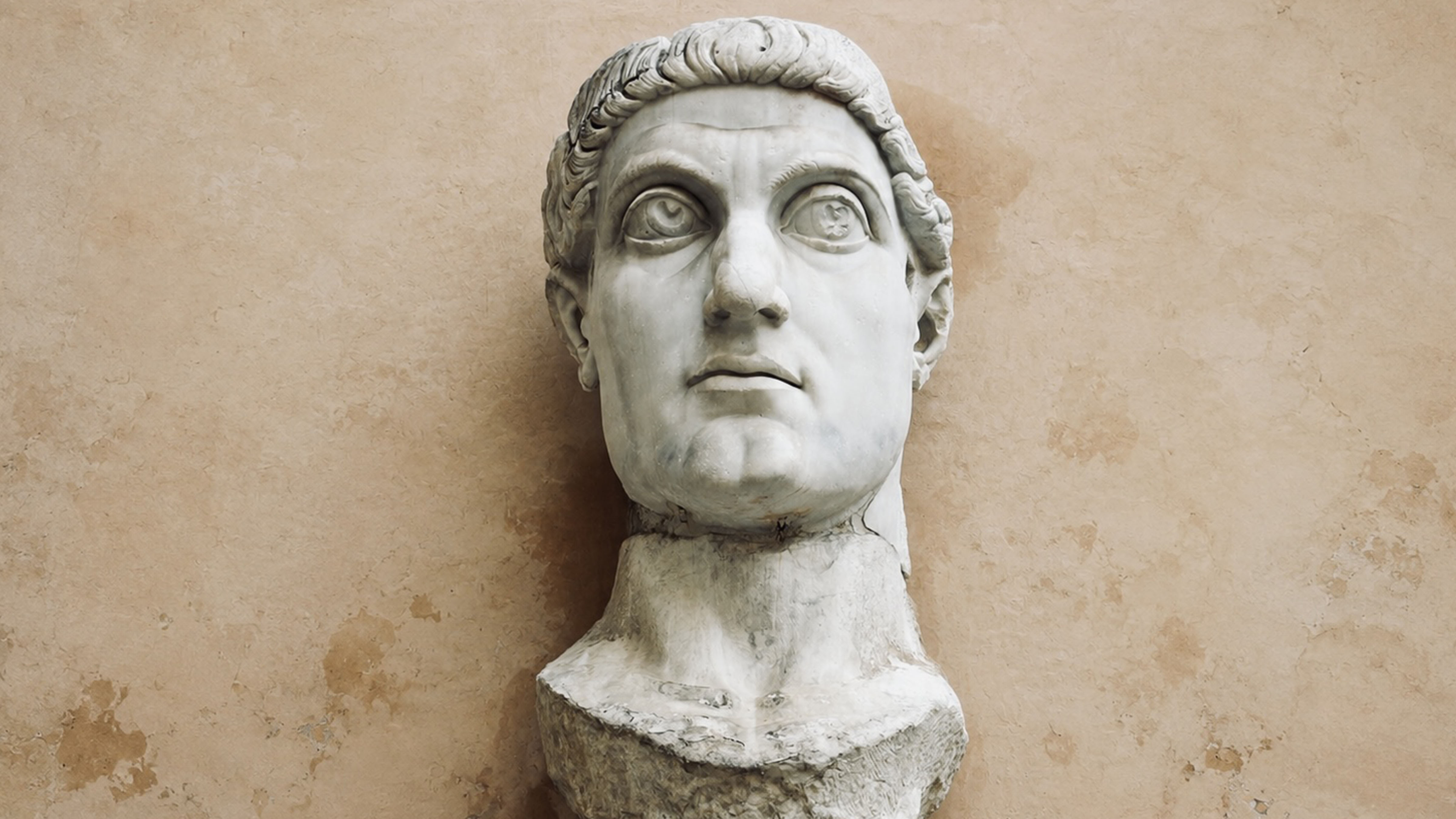 Ancient marble head of Constantine the Great displayed in the Capitoline Museums in Rome.