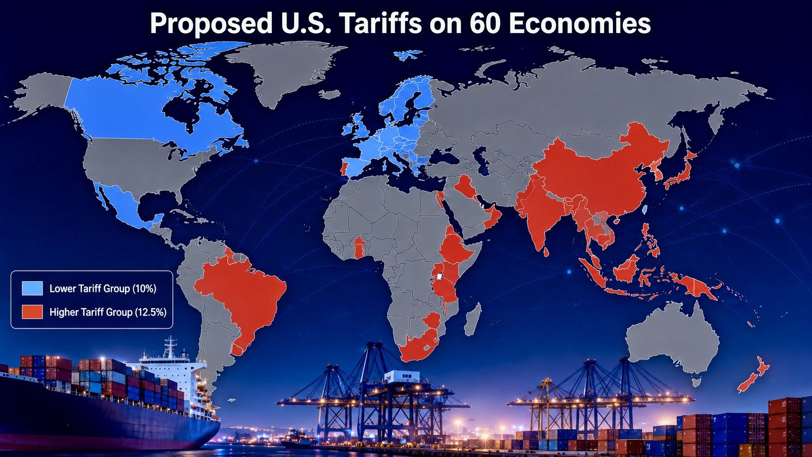 World map highlighting economies affected by proposed U.S. tariffs, with colour-coded regions showing different tariff categories alongside global shipping infrastructure.
