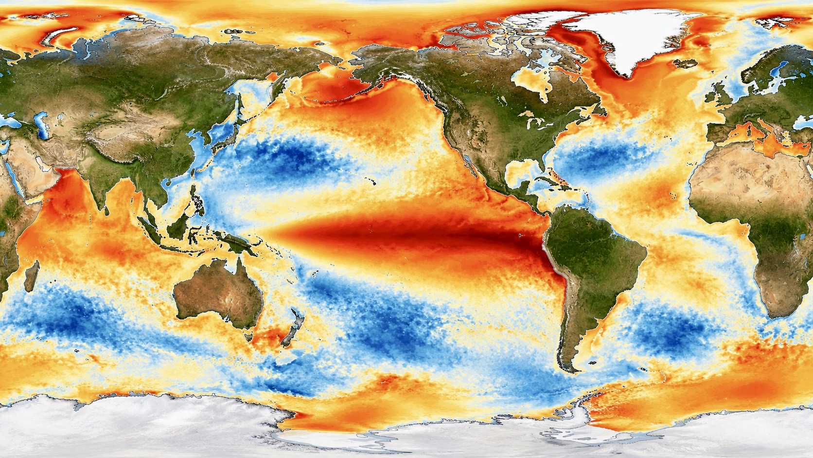 Global map showing sea surface temperature anomalies across the world’s oceans, highlighting unusually warm waters in the tropical Pacific associated with developing El Niño conditions.