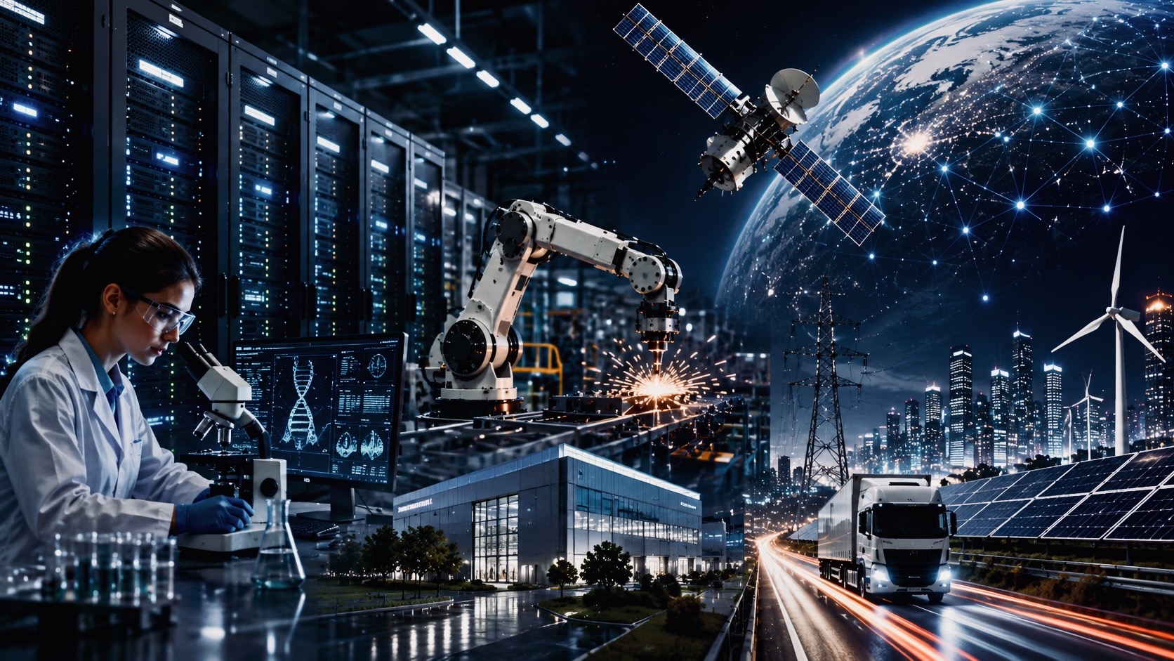 Futuristic illustration showing artificial intelligence driving scientific research, advanced manufacturing, data infrastructure, satellite communications, renewable energy, and autonomous transportation.