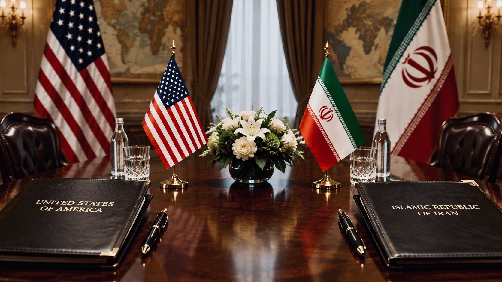 Diplomatic meeting table displaying U.S. and Iranian flags during negotiations over a proposed framework agreement aimed at reducing regional tensions.