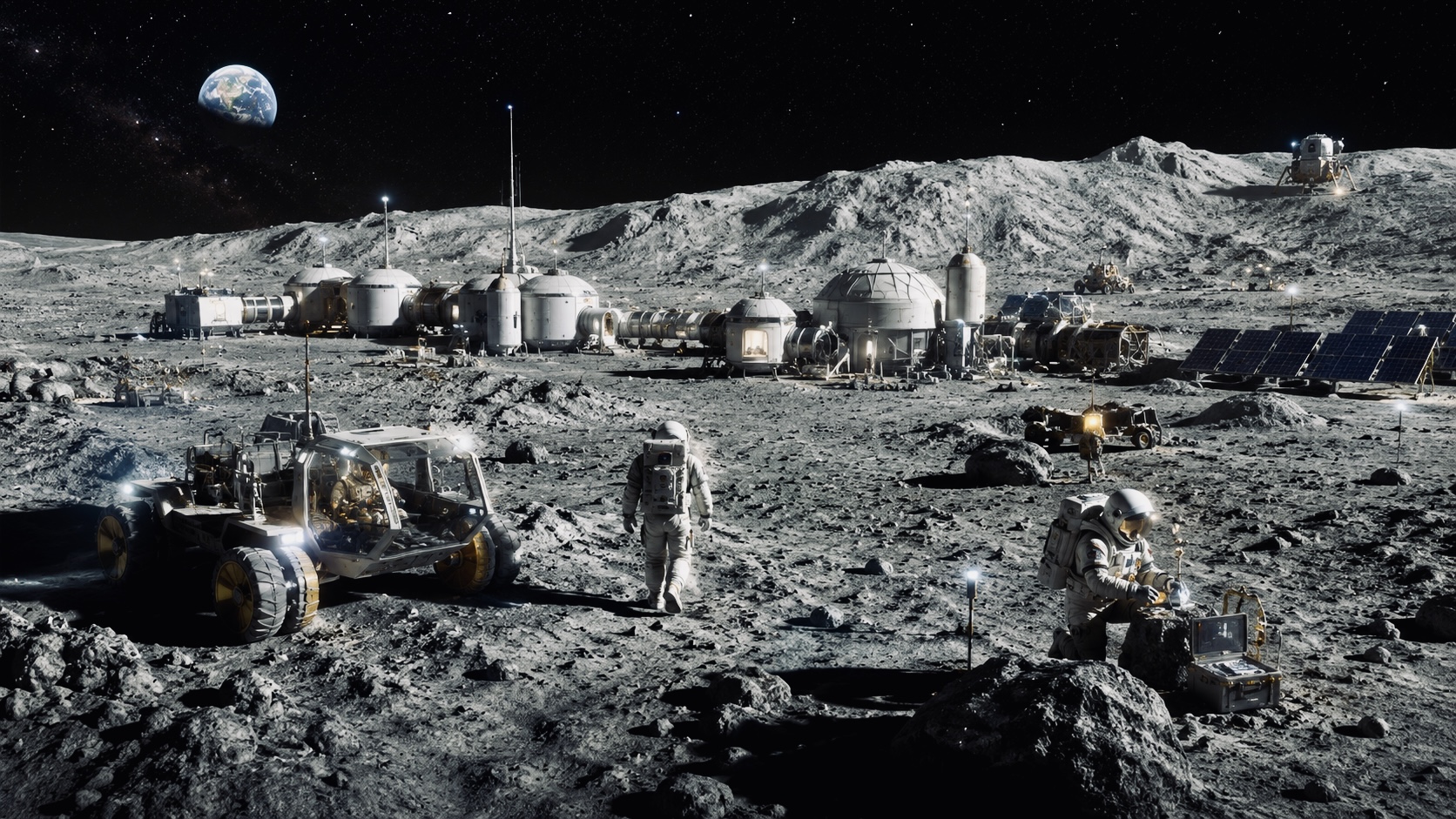 Artist’s concept showing astronauts, rovers, habitats, solar power arrays, and support infrastructure at a future lunar base near the Moon’s south pole, with Earth visible in the background.
