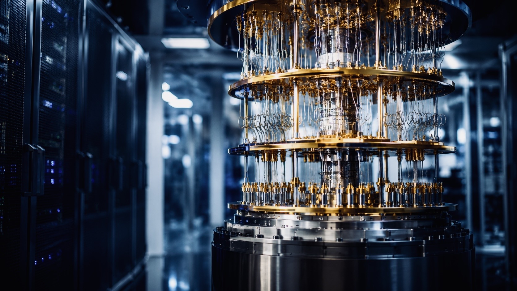 Advanced quantum computing system inside a high-tech research laboratory, featuring a cryogenic quantum processor surrounded by specialized computing equipment.