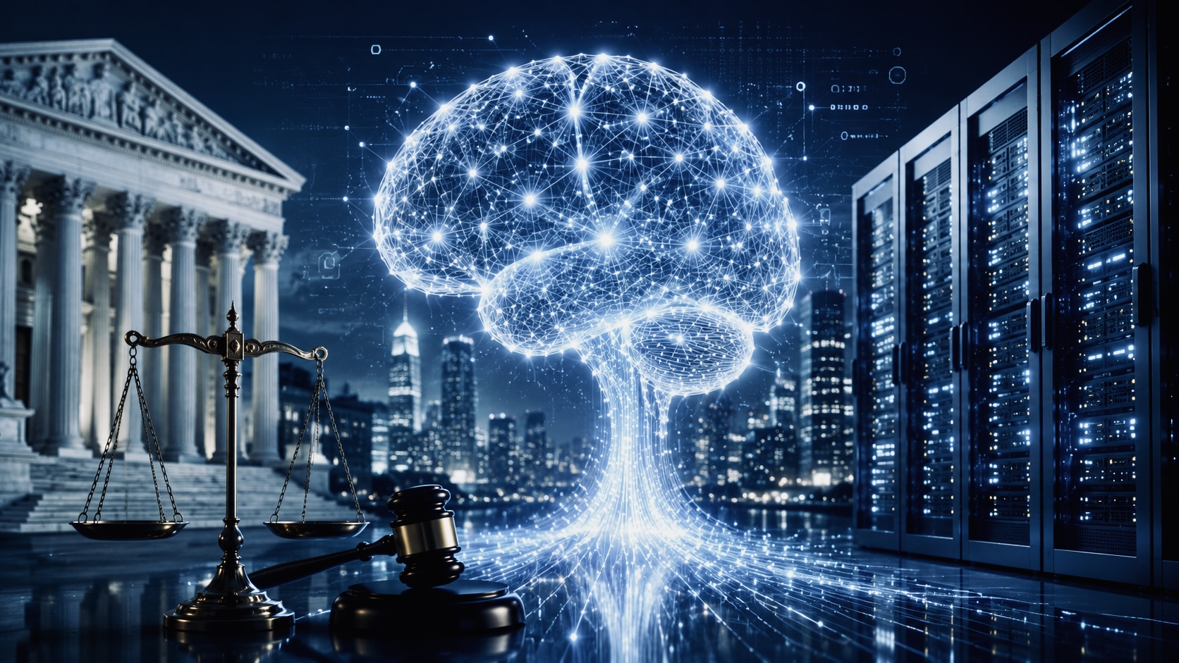 Conceptual illustration showing a glowing artificial intelligence neural network positioned between a courthouse, a judge’s gavel, scales of justice, and rows of computer servers, symbolizing growing regulatory scrutiny of advanced AI systems.