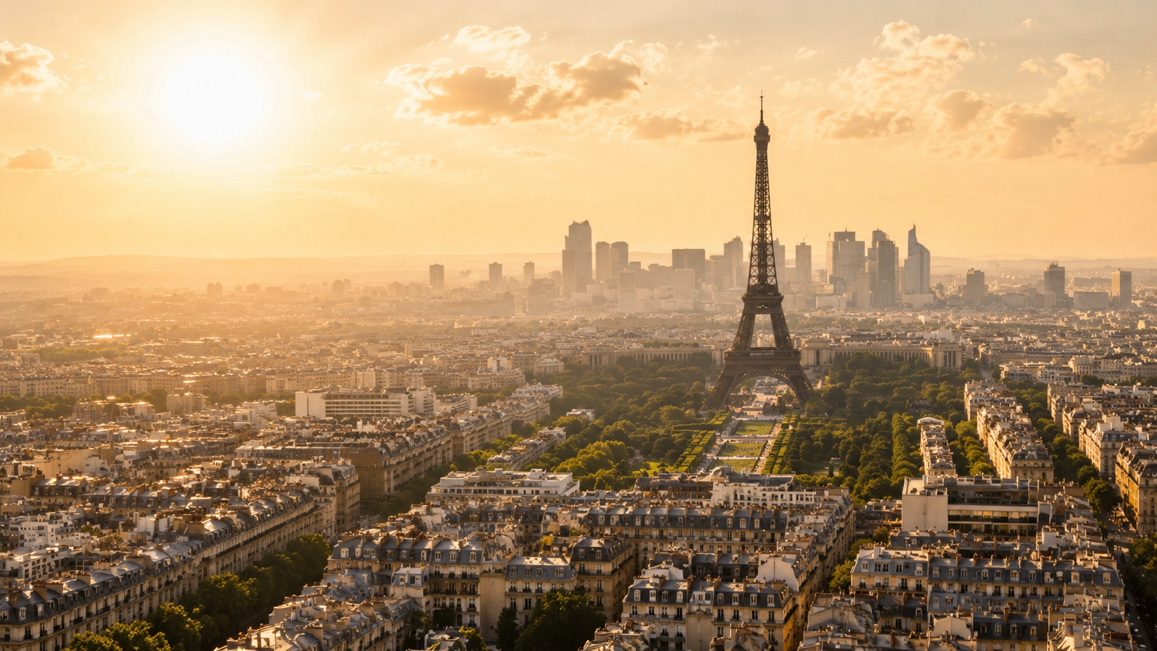 The Eiffel Tower rises above Paris as intense summer heat and haze blanket the city during a period of extreme temperatures across Europe.