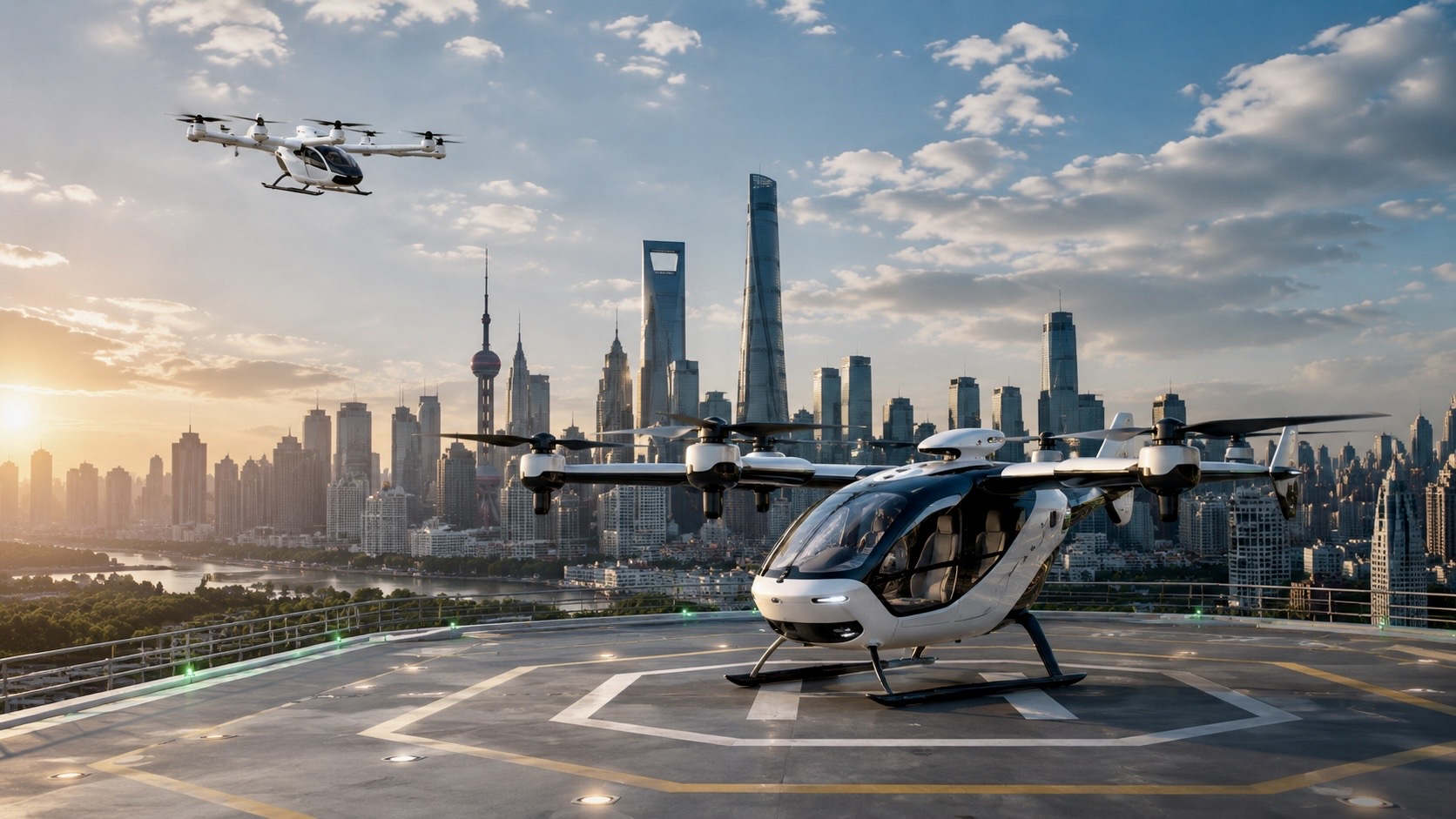 A futuristic electric vertical takeoff and landing (eVTOL) aircraft sits on a rooftop vertiport overlooking a modern city skyline while another air taxi flies overhead at sunset.